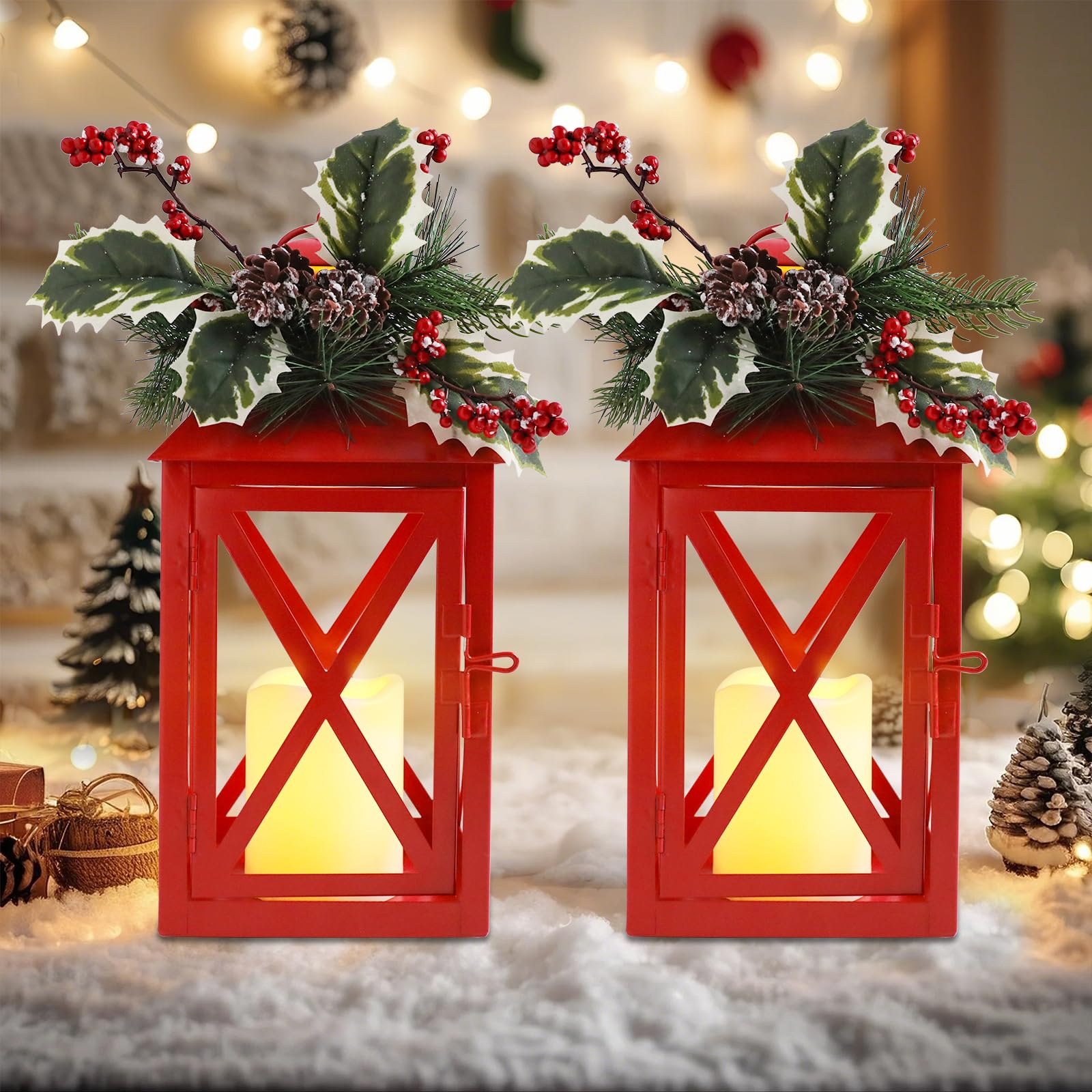 Farol Navidad ROCEEI Juego De 2 Faroles Decorativos De Navidad Para Porche  Con Velas LED Parpadeantes Sin Llama De 14 Pulgadas, Farol Colgante Vintage  De Navidad Para Mesas Decoración De Interiores Y, image size:1600x1600