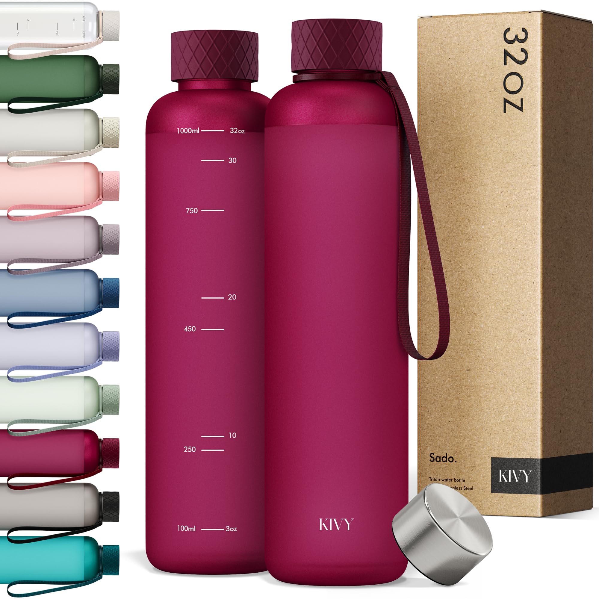 KIVY Slim Water Bottle 32oz [Lightweight & Shatterproof] Fits Backpack & Cupholder for Travel, Sports, School, Gym - Frosted red bottle no straw - Gym water bottle screw top - Dishwasher Safe 32oz Dark Ruby