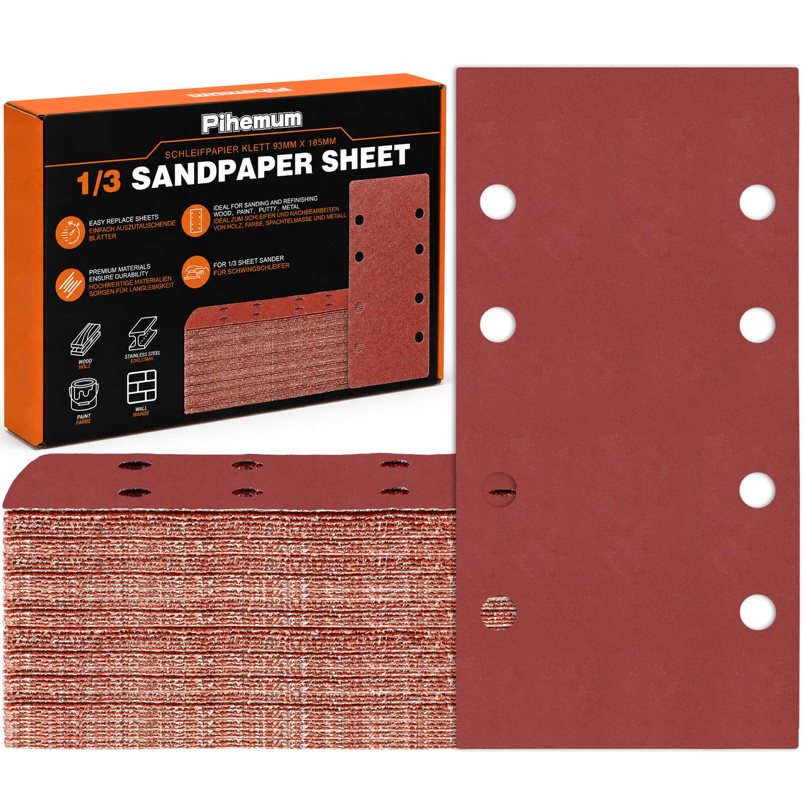 Pihemum 80 PCS Sanding Sheets 93 x 185 mm Grit 800 Hook and Loop Sanding Pads Sandpaper 8 Hole for Electric Sander