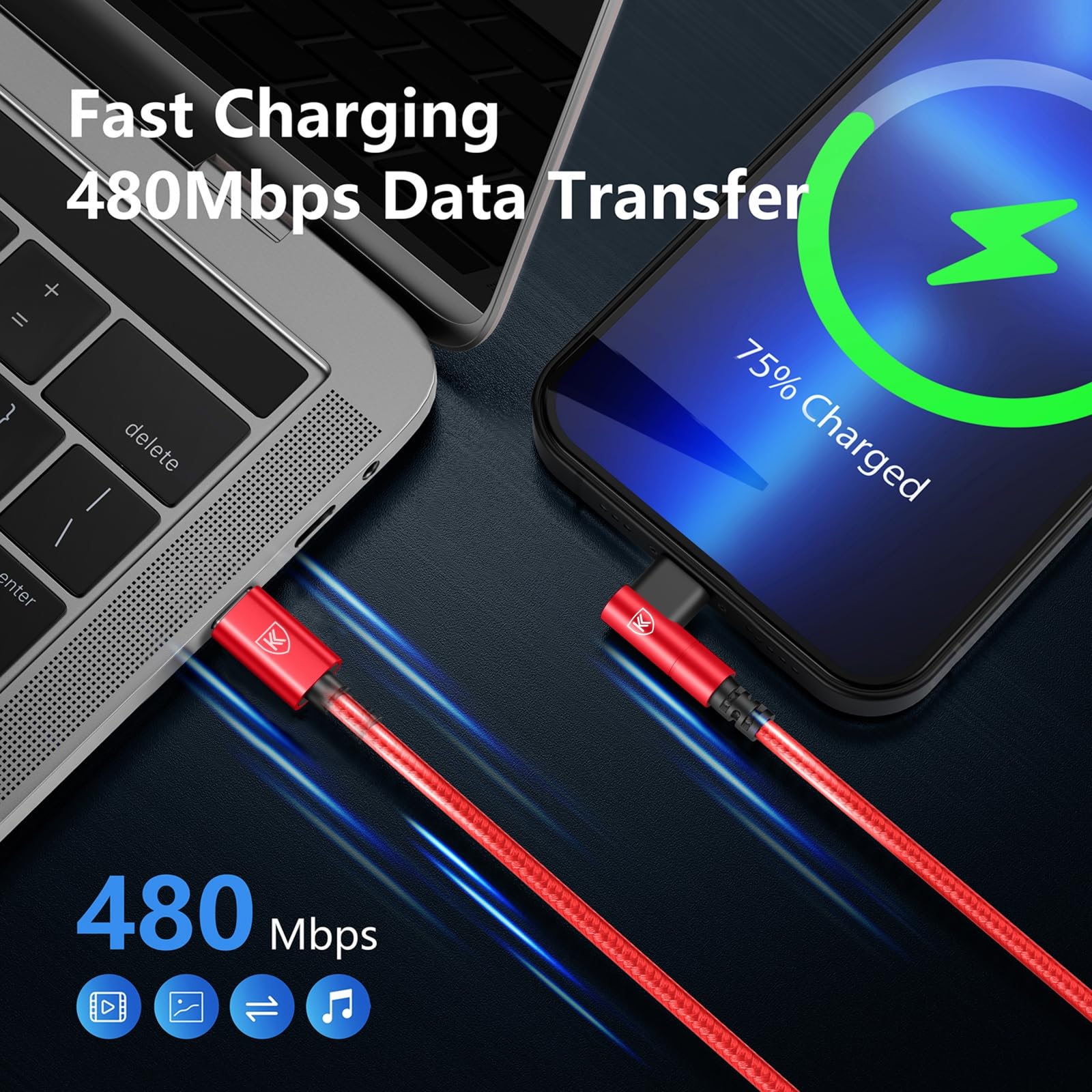 Cavo da USB C a Lightning a 90 gradi, 3 m, caricabatterie per iPhone [certificato Apple MFi], confezione da 3 cavi di ricarica rapida, cavo Lightning USB C intrecciato ad angolo retto per iPhone 14/13
