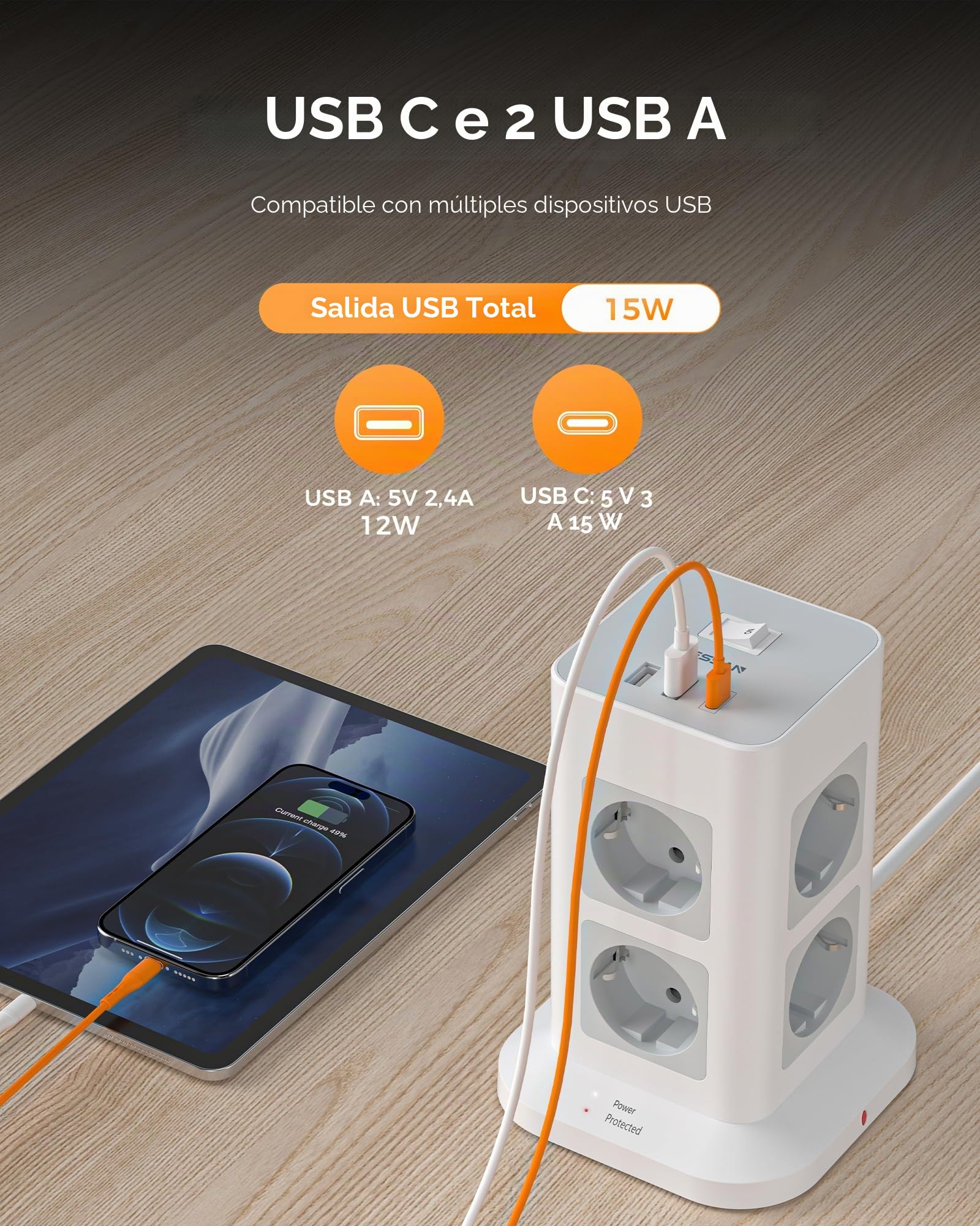 TESSAN Regleta Enchufes 3 Metros con Protección Sobretensione 3600W 16A, Torre Enchufes Vertical con 3USB y 8 Tomas, Regleta Alargador 3 Metros con Interruptor para Mesa, Oficina, Casa, Gris