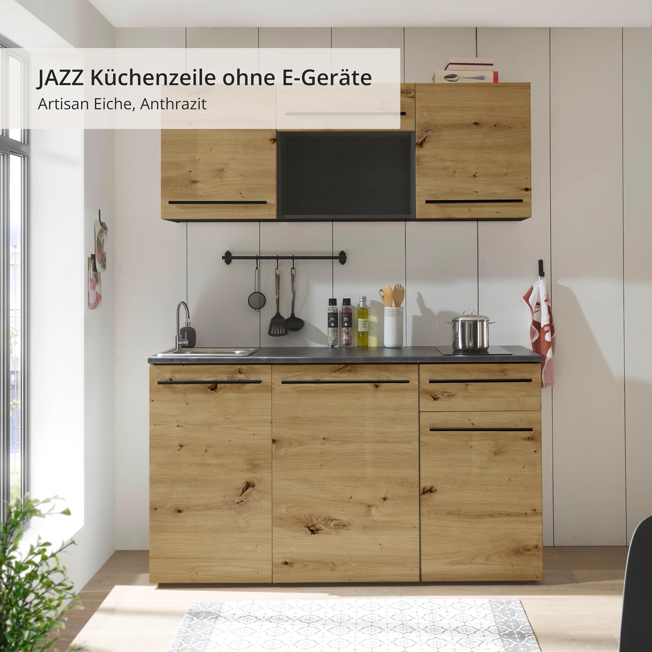 84-240-Y6 Single Küche JAZZ Küchenblock Küchenzeile Schwarz / Artisan Eiche ca. 160 x 212 x 60 cm