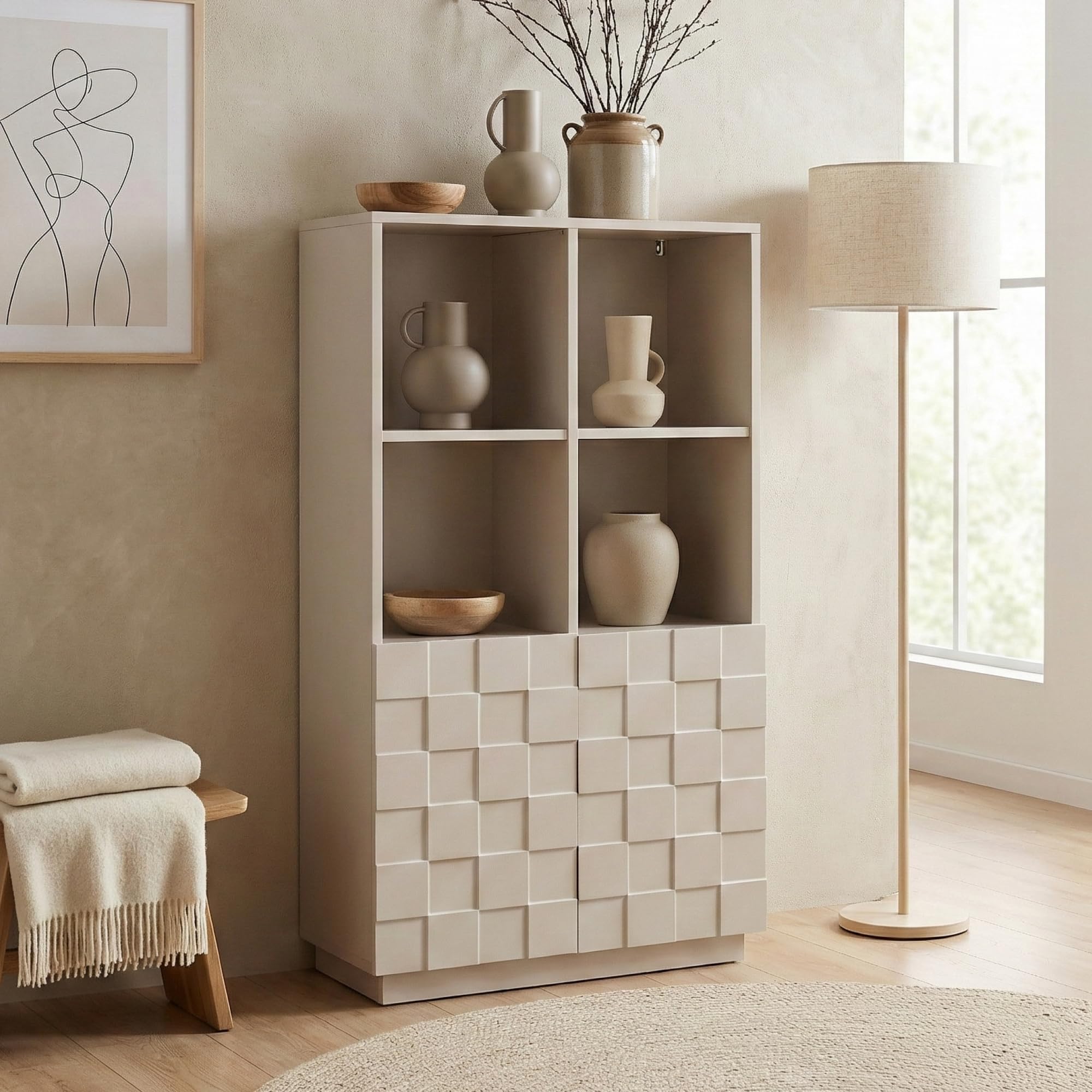[en.casa] Highboard Wohnzimmer Bopibobro Hochschrank mit 2 Türen 3D-Front Büroschrank 4 Fächer 118 x 64 x 30 cm Kommode Beige