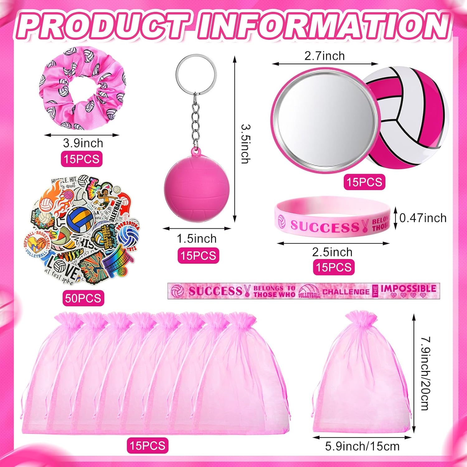 125 Pcs Pink Volleyball Party Favors for Women Volleyball Valentines Gifts Bulk Goodie Bags with 3D Stress Keychains Scrunchies Wristbands Mirror Sticker Sports Supplies for Team Group Player - Image 2