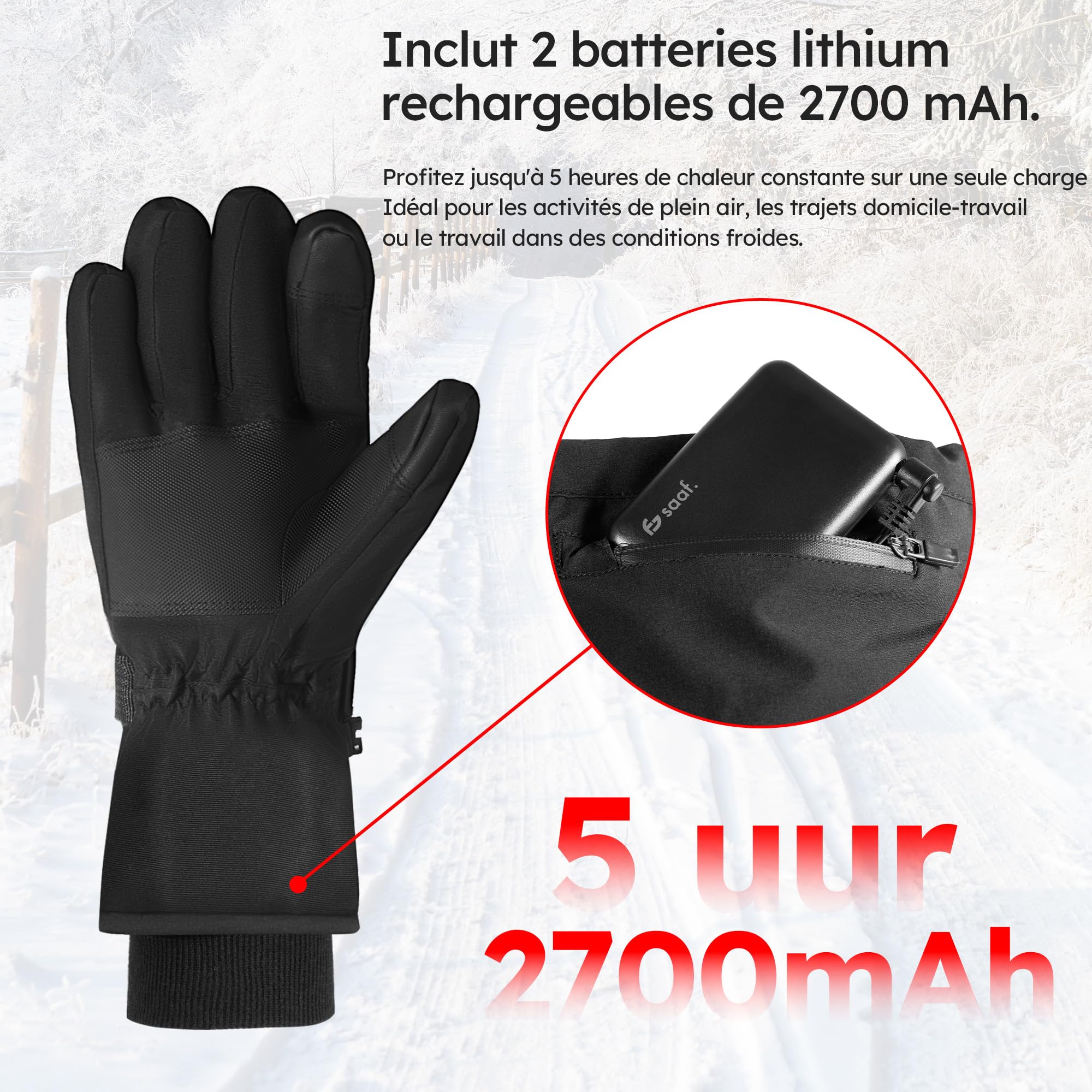 saaf Gants Chauffants - Pro - 3 Modes - Gant Électrique - Hydrofuge Et Vent - Gants Chauffants Rechargeables - Noir