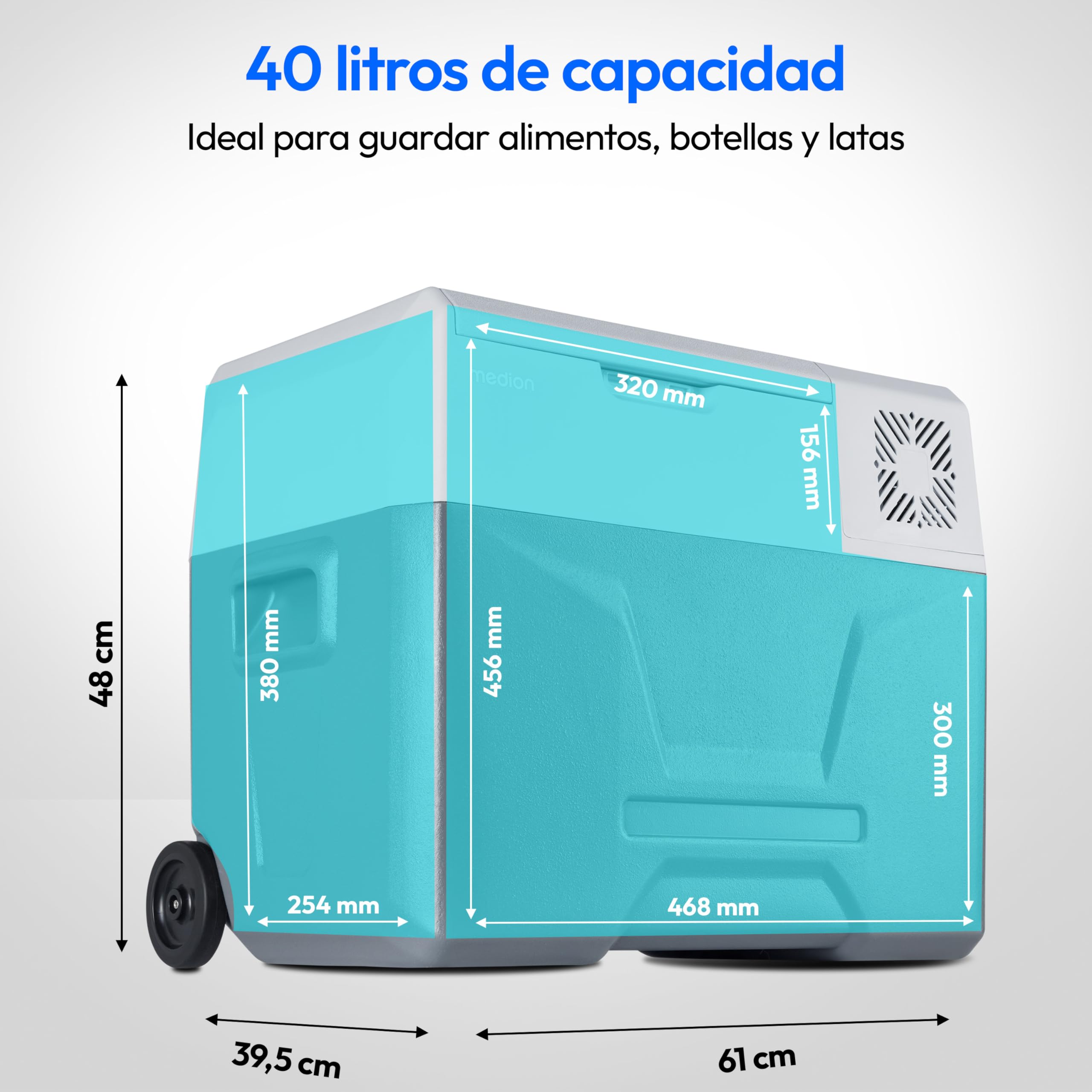 MEDION Nevera portátil con compresor (eléctrica, 39 litros de capacidad, 60 vatios, de -20 °C a 20 °C, pantalla LED, USB, adaptador de 230 V, 12 V y 24 V para coche, camión