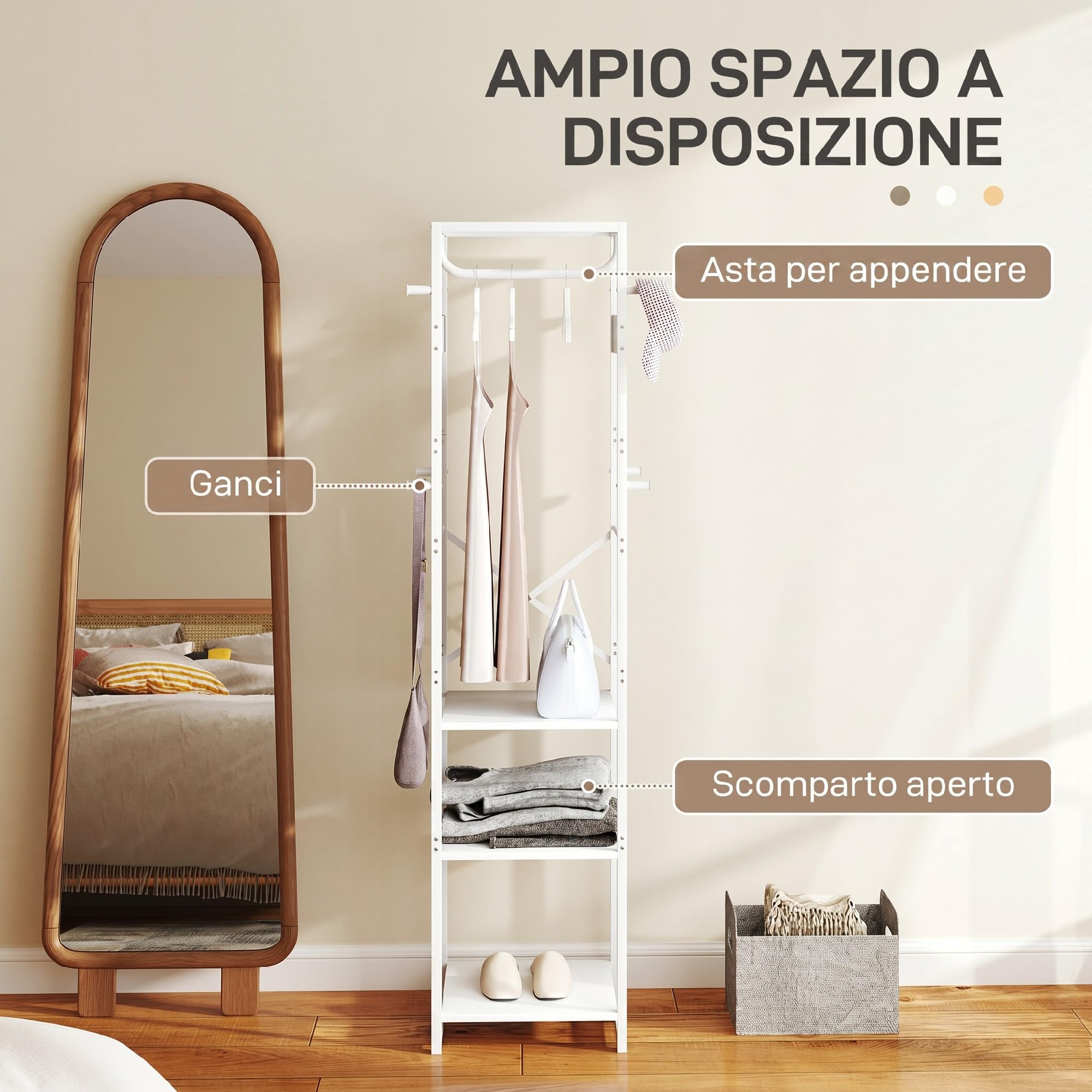 HOMCOM Appendiabiti da Terra con 3 Ripiani Aperti e Asta, Mobile Appendiabiti in Acciaio e MDF per Camera da Letto e Ingresso, 38.5x30x170 cm, Bianco