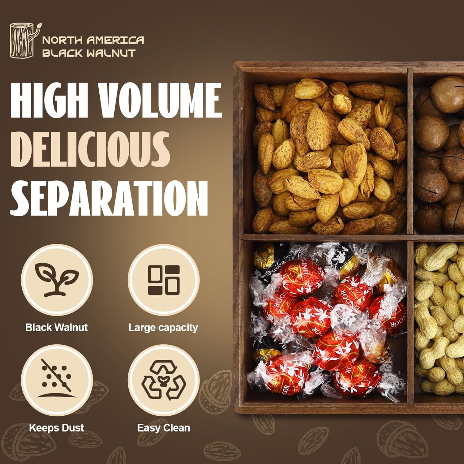 Koqye 4-Compartment Snack Tray with Lid - North American Walnut Serving Platter for Dry Fruits/Nuts/Candy, Multi-Purpose Party Food Storage Container - Image 6
