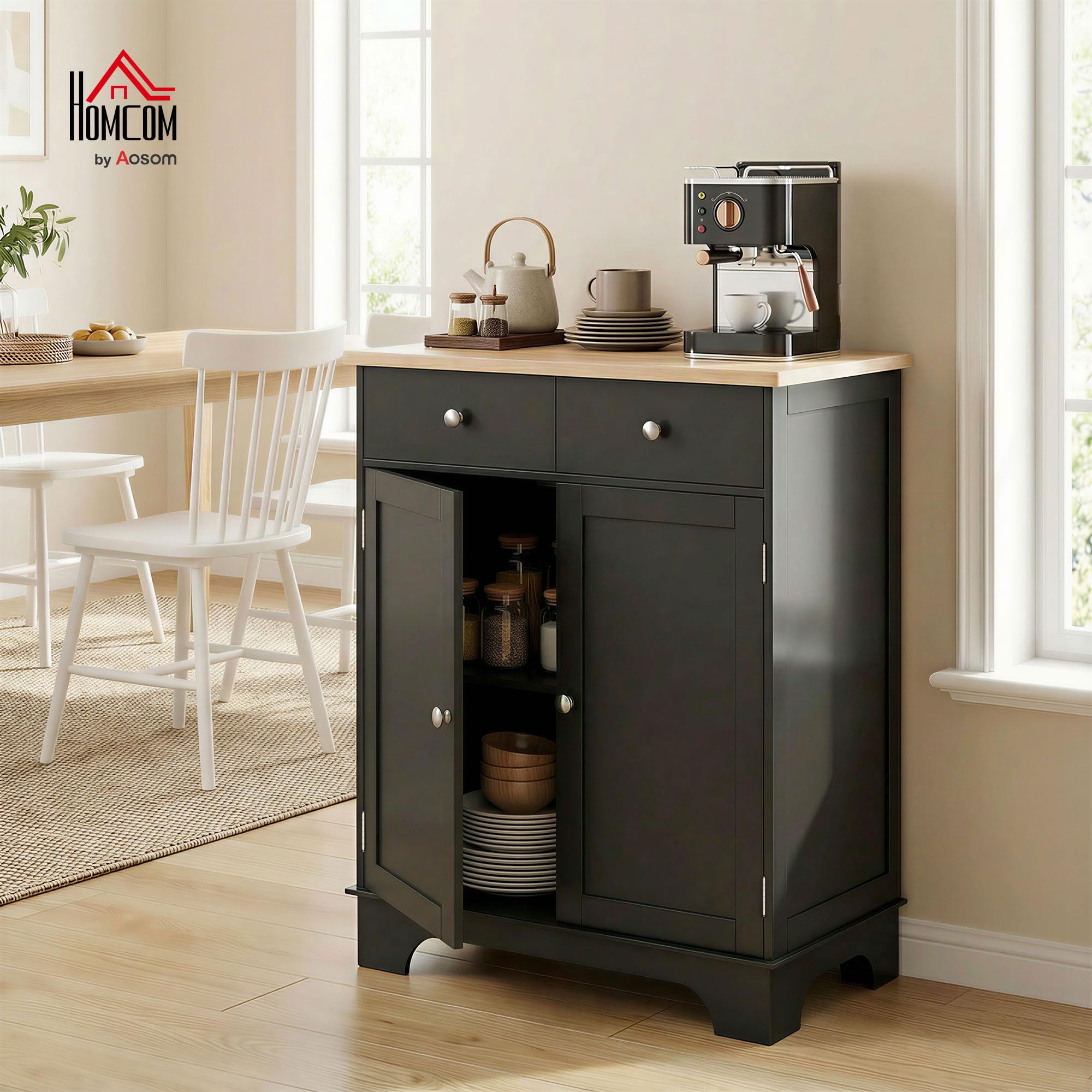 HOMCOM Meuble de Rangement Buffet Salon avec placards à Portes, 2 tiroirs et étagère réglable, Armoire de Rangement pour Salon, Cuisine, Chambre, Noir et Bois Naturel