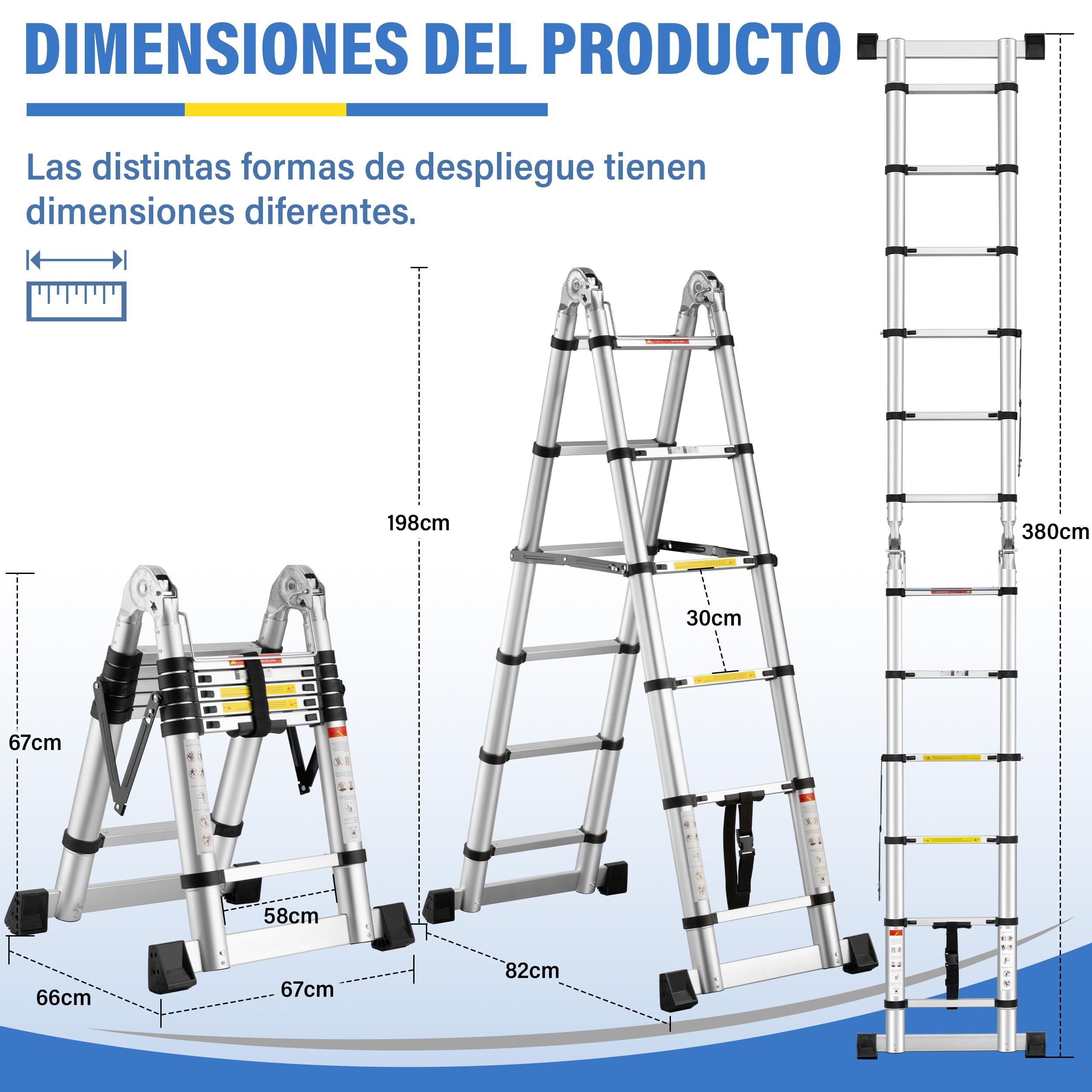 DEWINNER Escalera telescópica 3,8 m (1.9+1.9), Escalera Plegable 2 en 1, Escalera de Aluminio con Ganchos para Uso Interior y Exterior, Carga máxima de 150 kg, Color Plateado