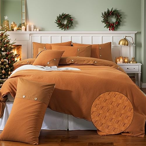 FADFAY Juego de funda de edredón color naranja quemado, tamaño Queen, tejido de gofre, funda de edredón con cremallera, reversible, de lujo,