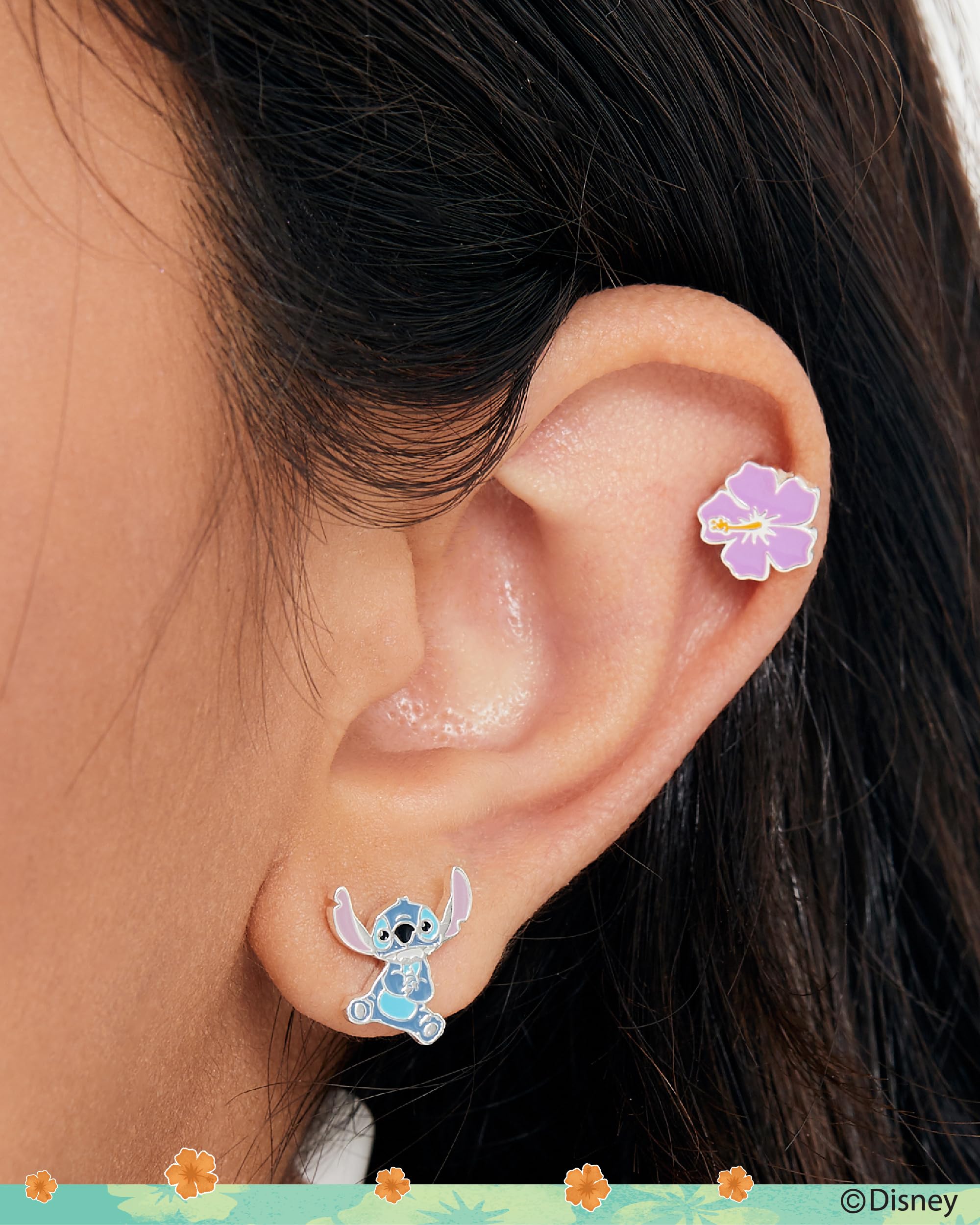 Disney Pendientes de Tuerca Lilo & Stitch para niñas, Plata de ley