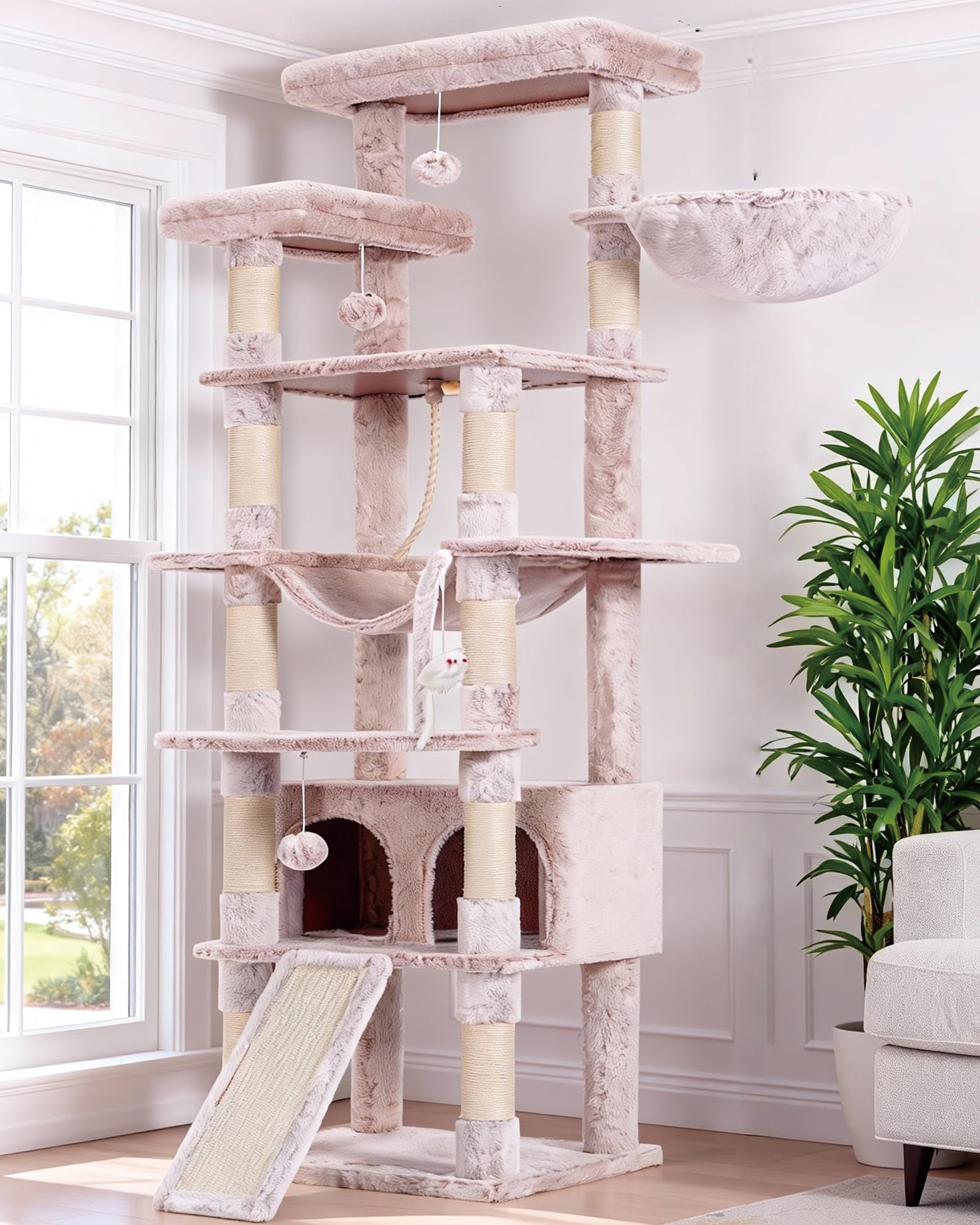 Heybly Tall Cat Tree, 78-inch Multi-Level Cat Tower for Indoor Cats, 2 Widened Plush Perches Cat Condo with Scratching Board and Big Caves, Muchroom HCT033MU