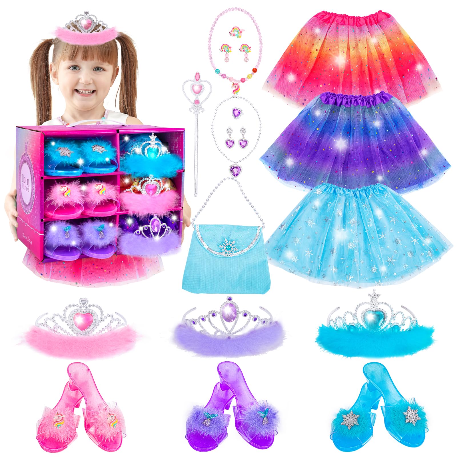 Princess Dress Up Toys, Girls Dress Up Costumes Set W/ 3 themes of Unicorn Mermaid Ice Skirts, Shoes, Crowns, Purse and Toddler Jewelry Boutique Kit, Pretend Play Gifts for Girls 3-6