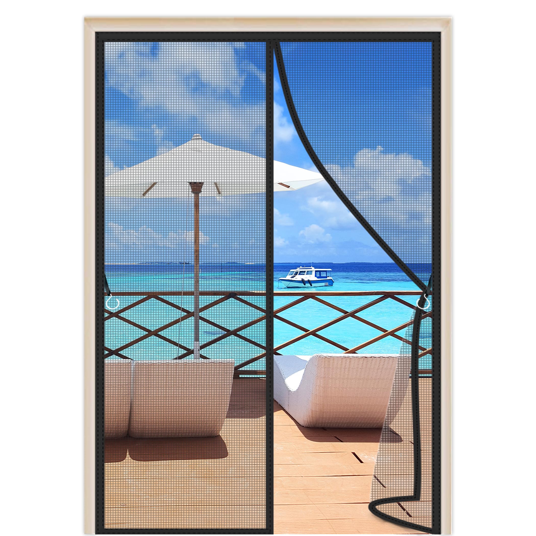 Magnetic Screen Door Black 90x200cm Heavy Duty Bug Mesh Curtain Patio Insect Door Screenwith Magnets & Full Frame Magic Tape for Patio Balcony Home Apartment