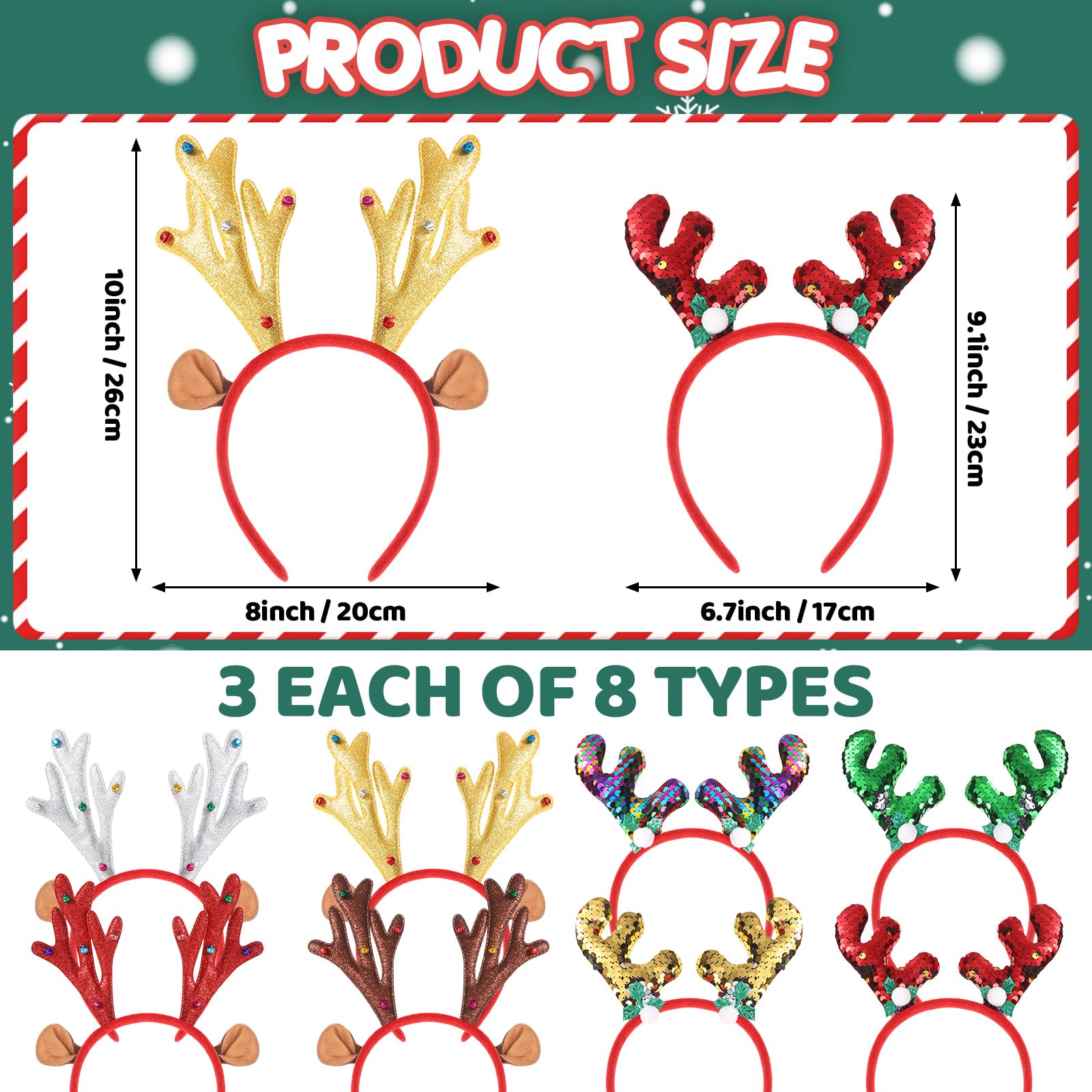 Wettarn 48 Pcs Christmas Reindeer Headbands,Antler Costume Headwears Bulk Shiny Head Topper with Sequin for Christmas Party Favors,8 Styles (Chic)