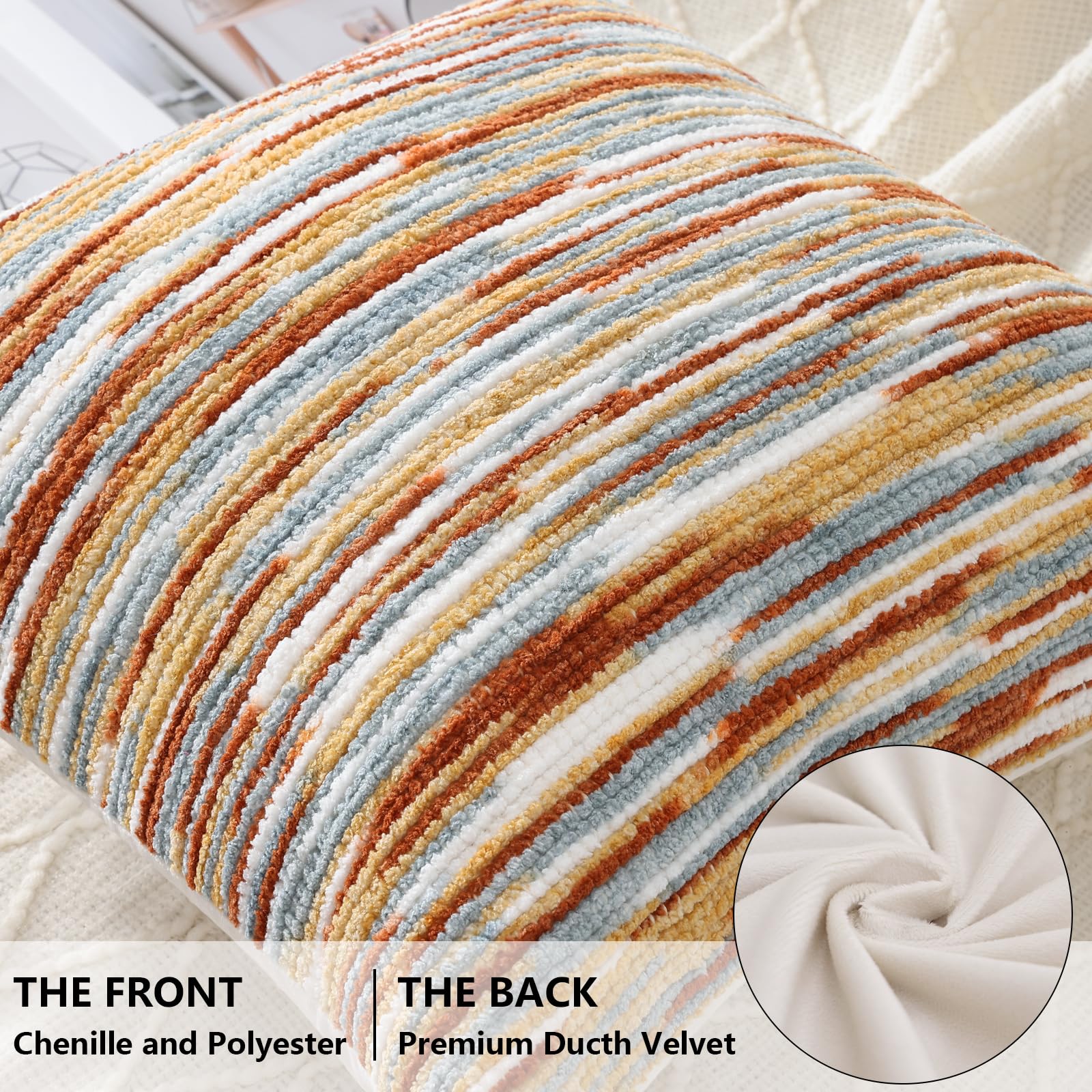 decorUhome Set di 2 federe decorative in ciniglia trapuntate con nappe, 45 x 45 cm, a righe, per divano, letto, divano, ruggine