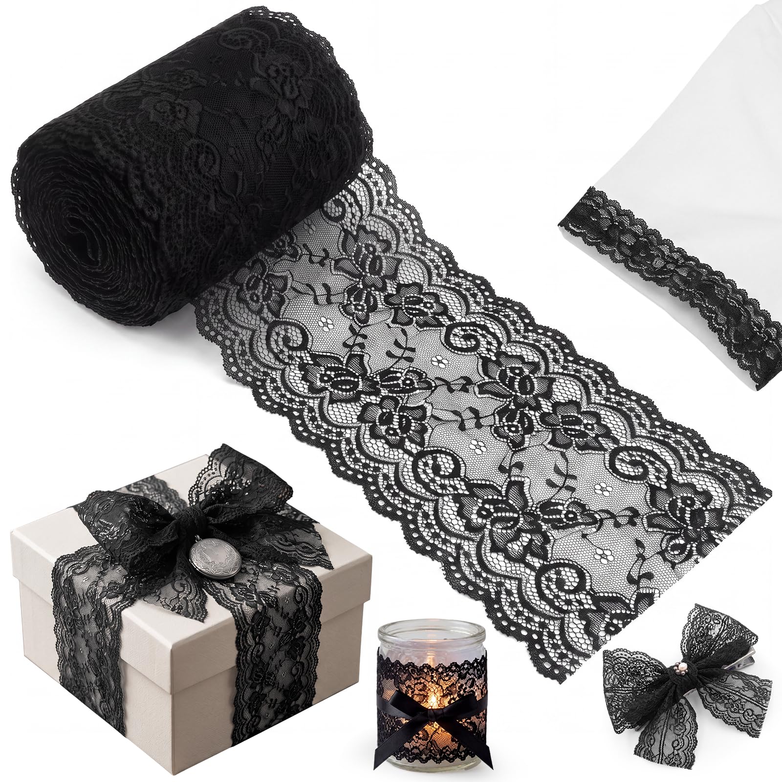10 Yards Lace Trim Ribbon 6" Width Stretchy Lace Ribbon,Black