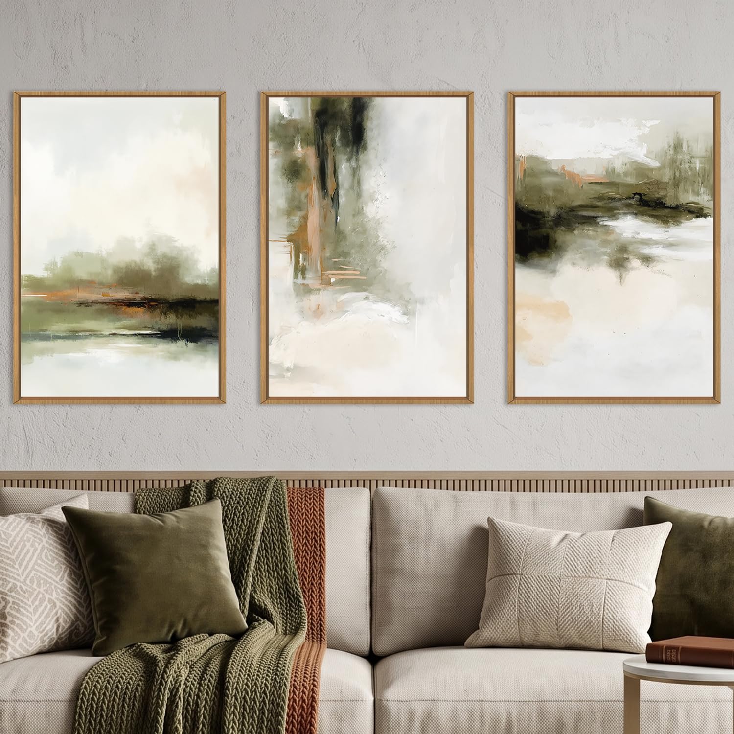 KAIRNE Green Brown Abstract Neutral Framed Canvas Wall Art Set-16"x24"x3
