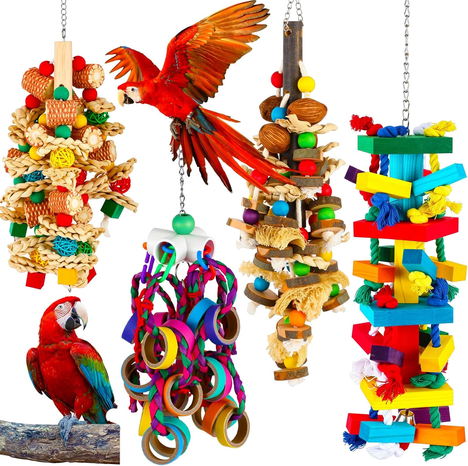 Soulchen 4 Pcs Extra Large Bird Parrot Toy Set - Natural Wooden Chewing Toy, Rattan Ball, Wood Nut Loofah String (Bagged) for Large Macaws, African Grey, Amazon Parrots