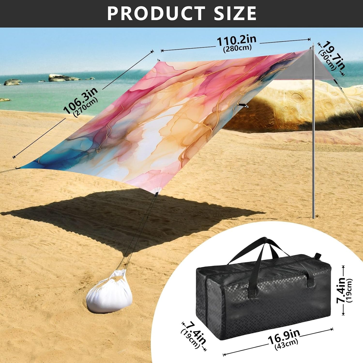 Pink Blue Yellow Marble Camping Sun Shelter, Beach Tent Portable Beach Sun Shade Outdoor Canopy for Camping Trips Fishing Picnic
