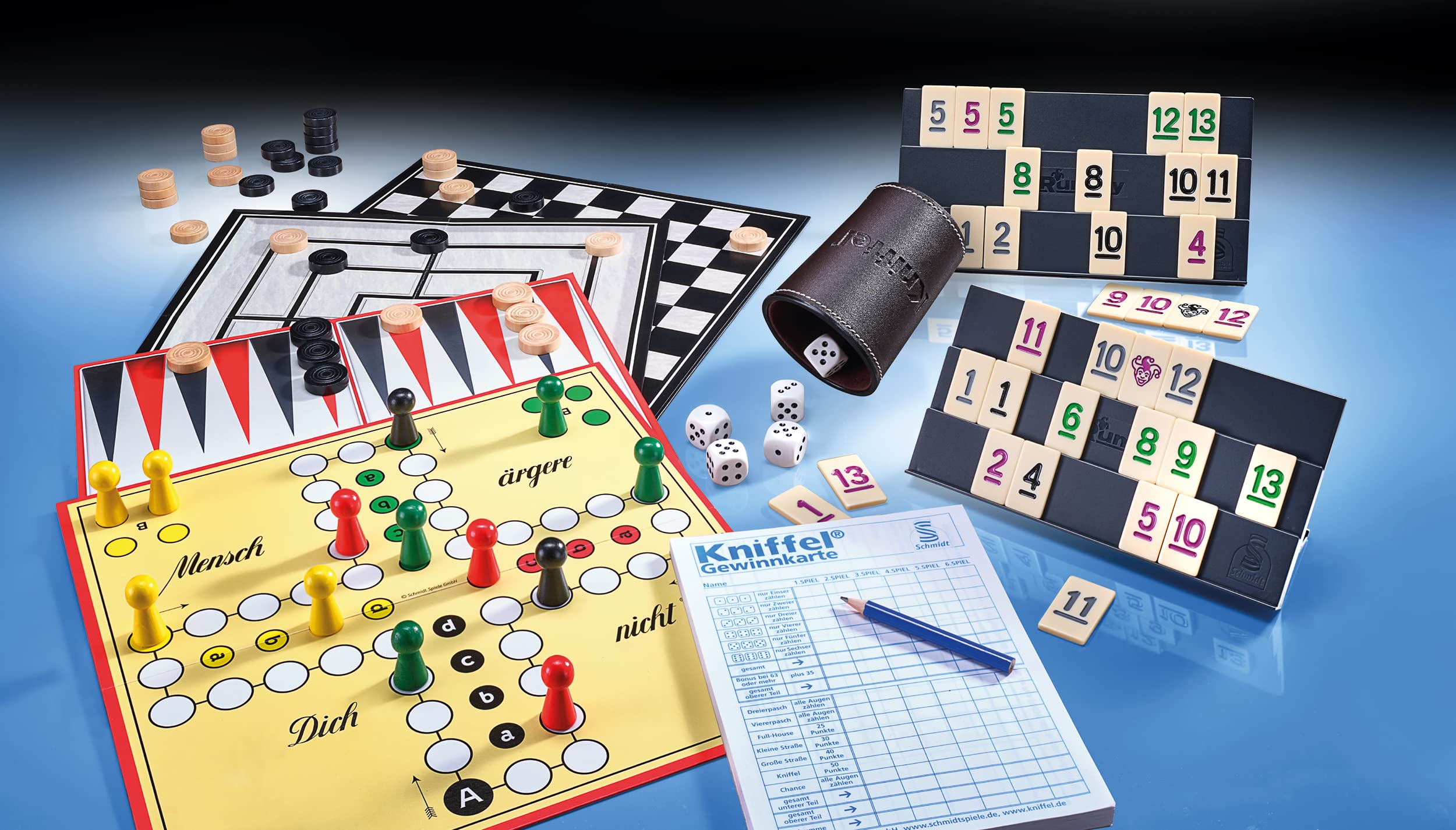 Schmidt 49196 Spielesammlung Classic Line Edition, ab 6 Jahren | Enthält Kniffel, MyRummy und Mensch ärgere Dich nicht