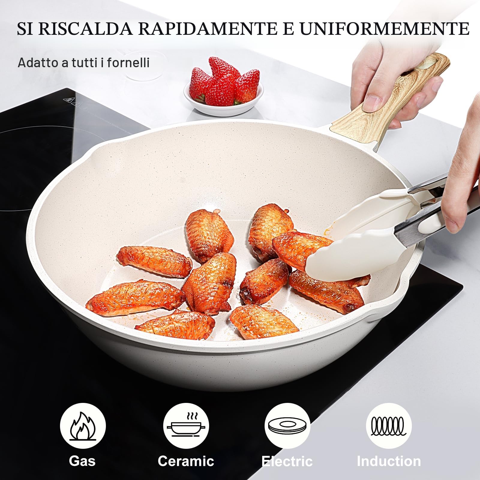 GiPP Padella Antiaderente Padella In Granito Da 4,3 L Con Coperchio, Beccuccio E Manico Raffreddato, Padell Antiaderente Non Tossica, Pentola Per Induzione, Senza Pfoa (Bianco, 28cm)