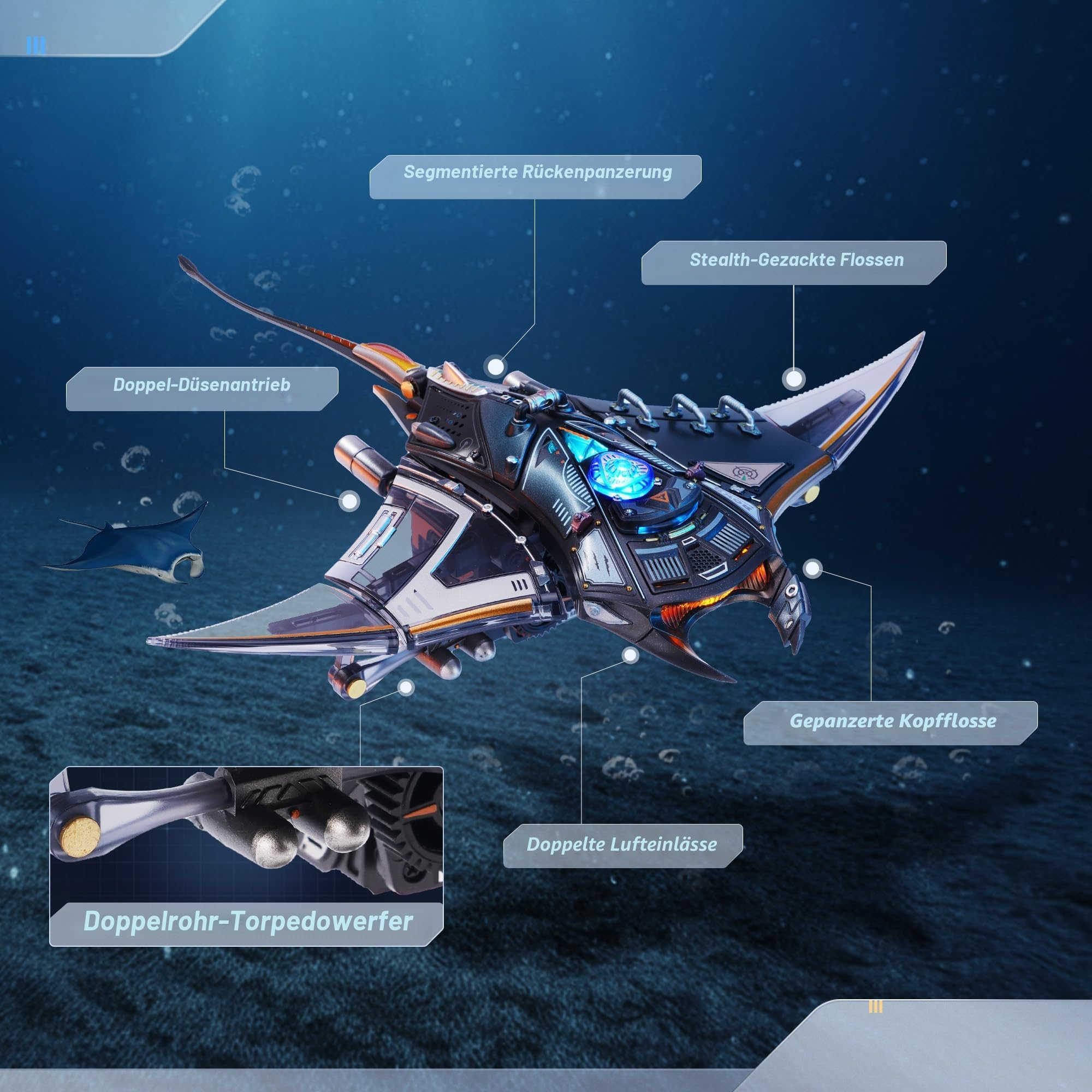 ROKR 3D Puzzle Manta Ray Mechanische Modellbau, Meerestiere 3D Puzzle Erwachsene Mit Bewegungs- und LED-Lichteffekt, STEM-Modellbausatz für Erwachsene (MI06)