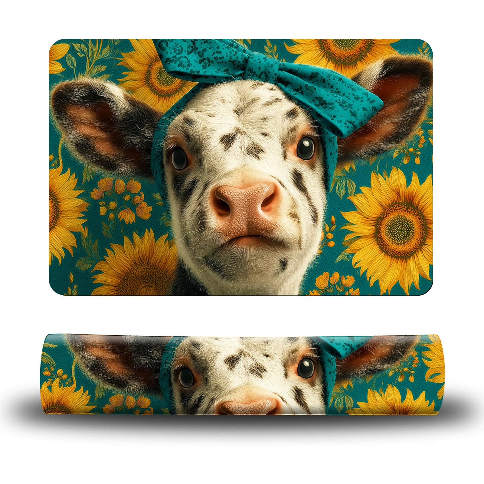 Dikoer Dog Food Mat, 15.7" x 23.6" Absorbent Pet Feeding Mat for Food and Water, Waterproof Diatom Mud Pet Placemat with Non-Slip Rubber Backing, Easy Clean Cat Bowl Mat for Floors - Cow Sunflower