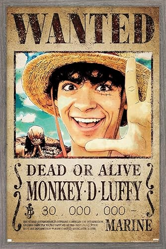 Trends International Netflix One Piece - Póster de pared de Luffy Wanted, 22.4 pulgadas de largo x 14.7 pulgadas, versión enmarcada en madera de