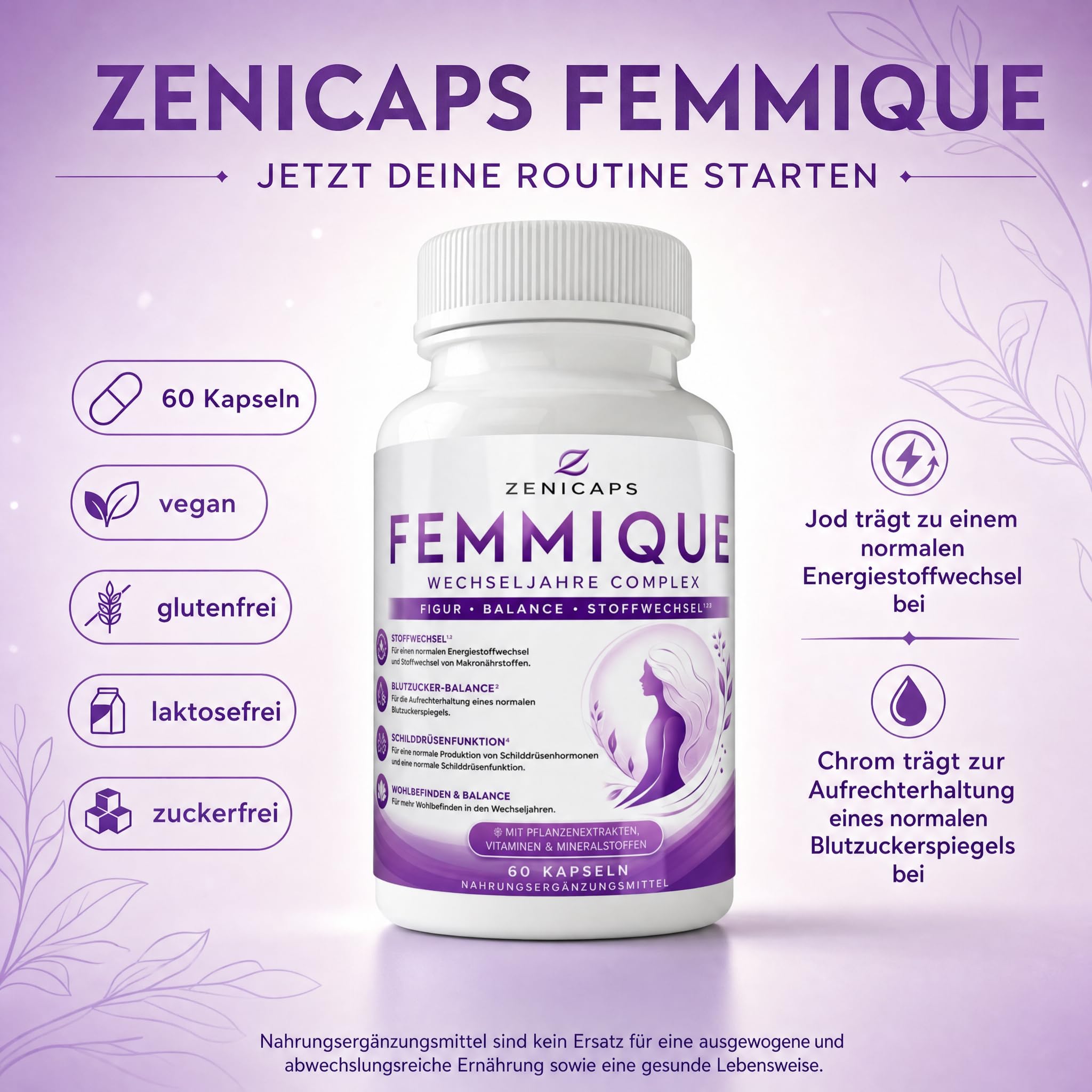 FEMMIQUE Wechseljahre Complex 60 Kapseln – Frauen Komplex mit Jod & Chrom – für normalen Energiestoffwechsel, Makronährstoffwechsel & Schilddrüsenfunktion