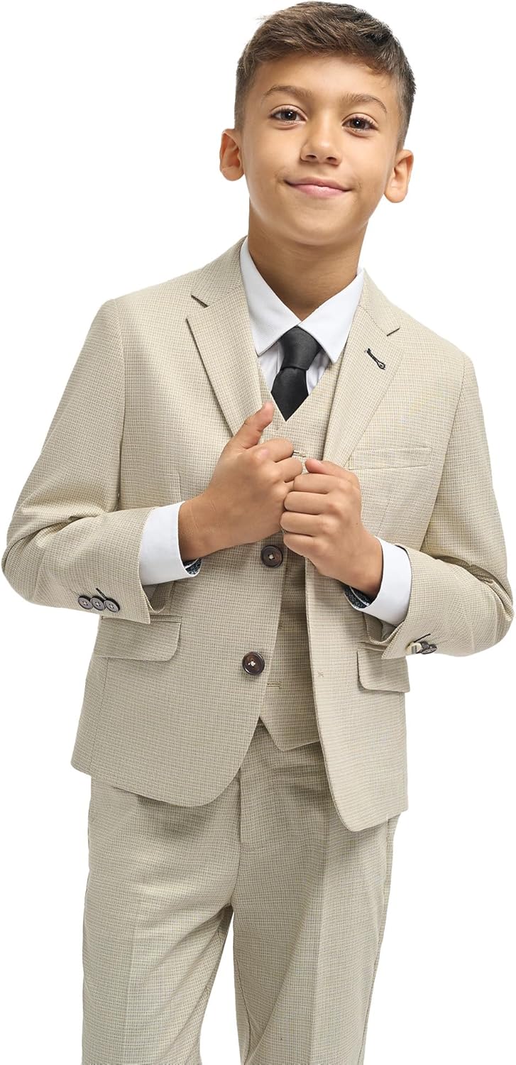 Men’s Boys’ Cotton Beige Microcheck Suit, Slim Fit Father & Son 3-Piece Wedding Attire