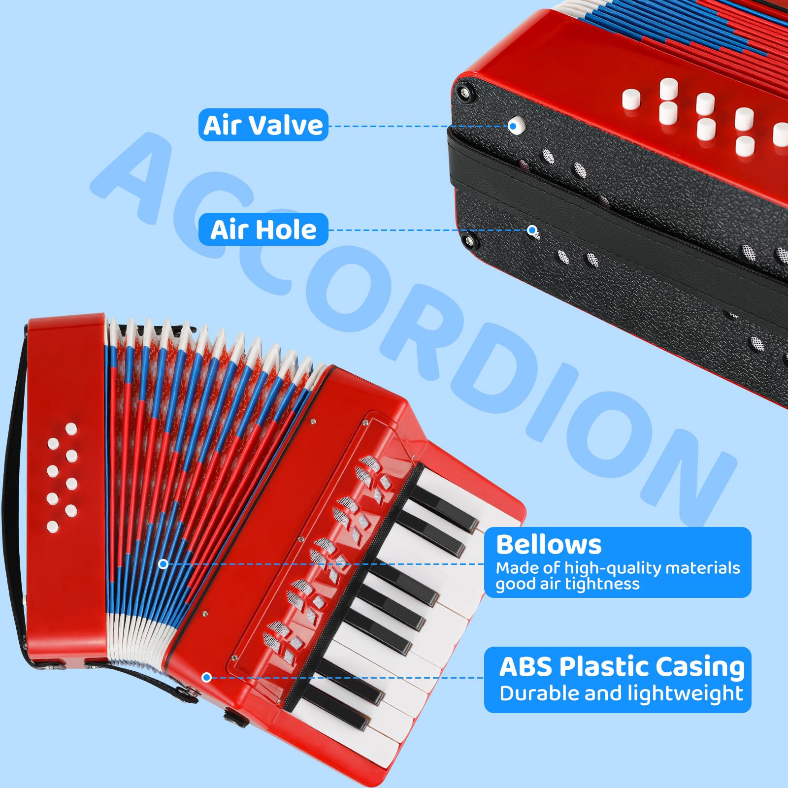 Akkordeon für Kinder, 17 Tasten 8 Bass Klavier mit verstellbaren Riemen, Knopfakkordeon für Erwachsene und Kinder ab 3 Jahren, Concertina Musikinstrument für Anfänger (rot)