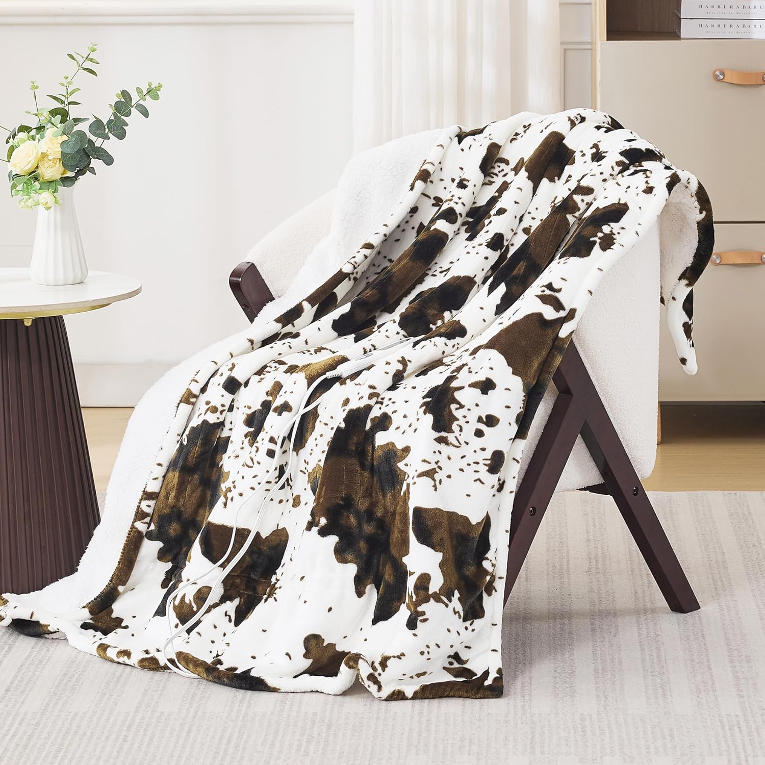PTQ Electric Blanket Twin Size - Reversible Sherpa & Flannel, 62"× 84" Heated Throw Blanket with 6 Heat Settings & 1-12H Timer, Machine Washable, Warm Gift for Women, Brown Cow Print