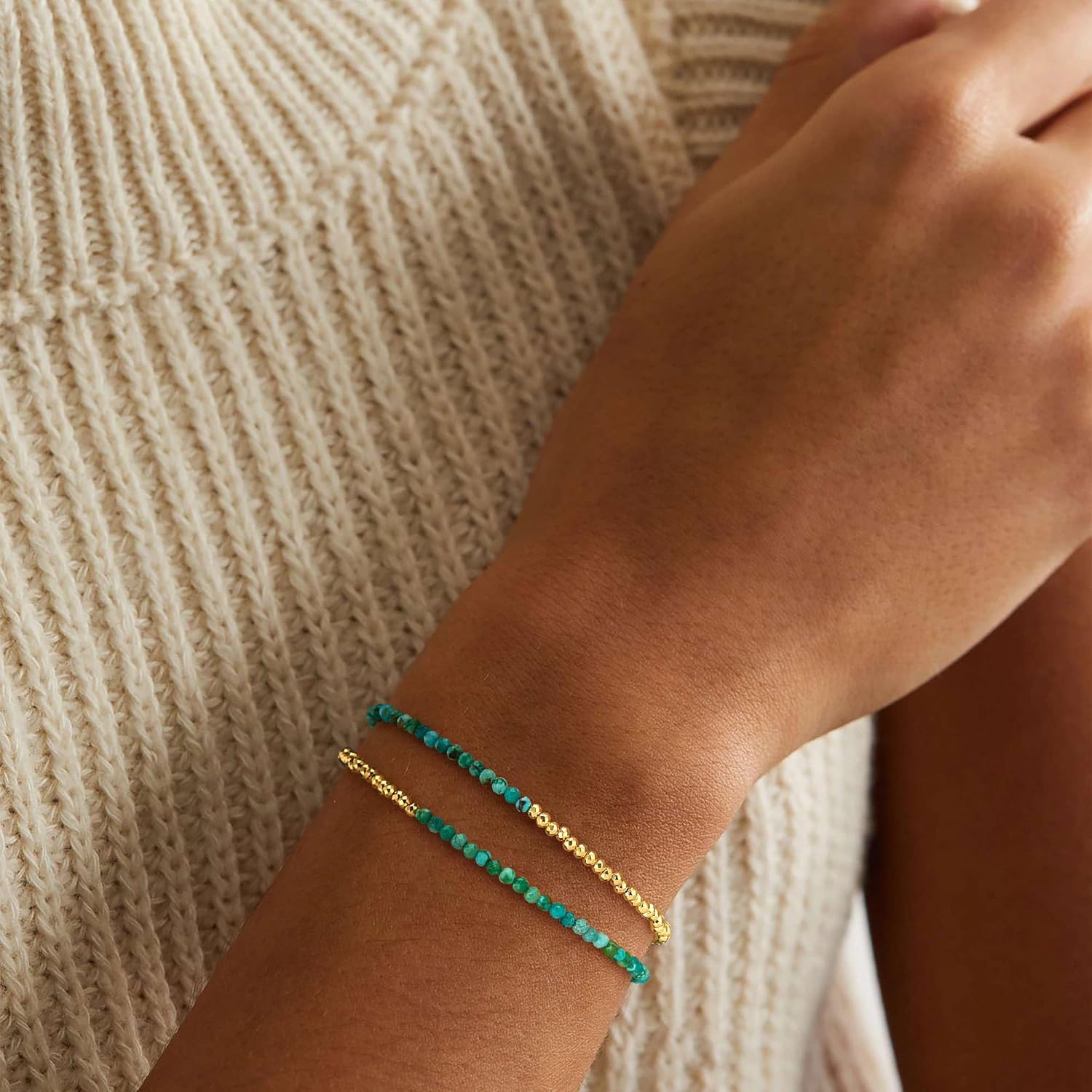 WEARON Gold Beaded Turquoise Bracelets for Women Dainty Stackable Stone Beaded Mixed Layered Link Chain Adjustable 14K Gold Plated Boho Bracelets for Women - Image 3