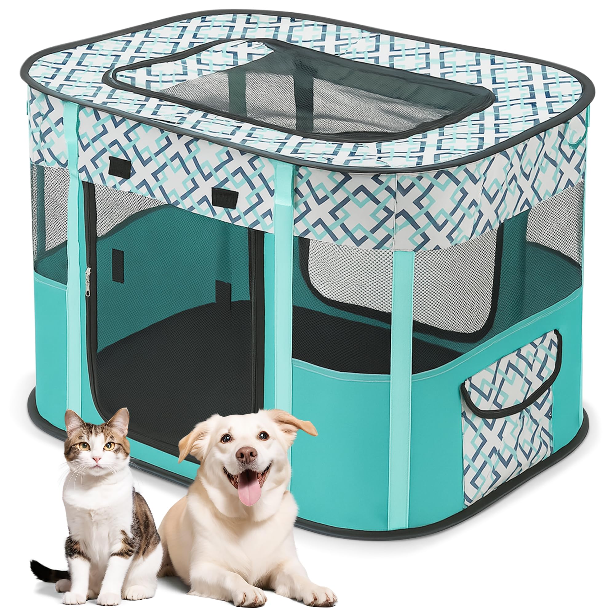 ALLSOPETS Welpenauslauf Faltbarer Laufstall Hund Katze, Tragbarer Welpenlaufstall Hundebox Freigehege mit Tragetasche für Innen, Außen, Reisen und Camping (Grün Kariert, XXL)