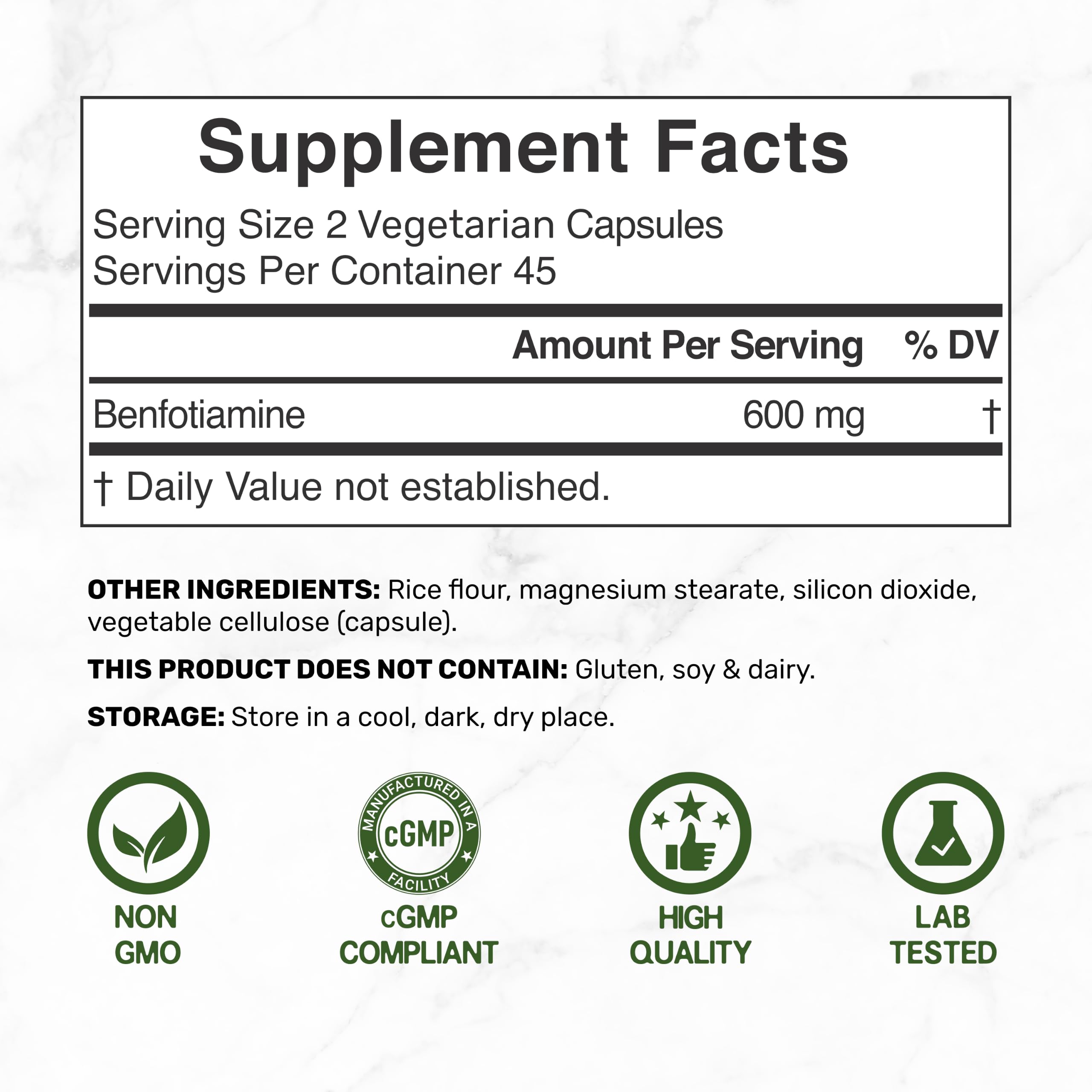 Benfotiamine 600mg Per Serving, 90 Veggie Capsules (300mg Per Cap) — Amazon image 2
