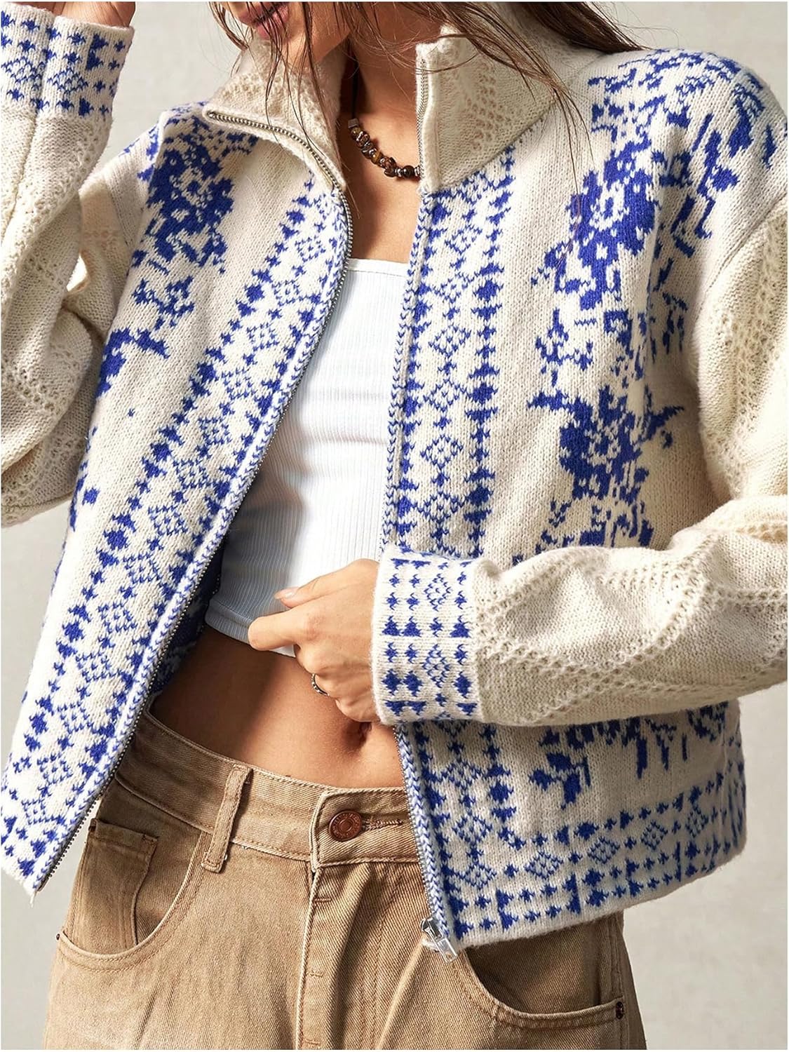 Milumia Women's Zip Cardigan Sweaters Boho Floral Printed Long Sleeve Knitwear Outerwear - Image 4