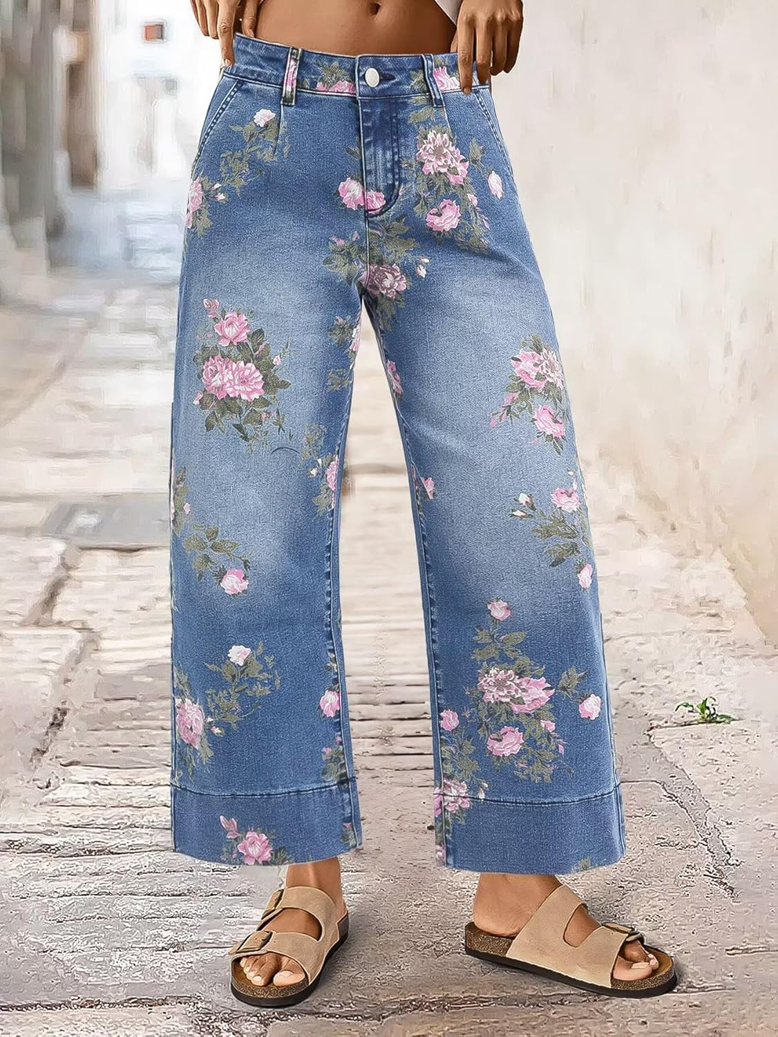 Flamingals Floral Print Wide Leg Cropped Pants for Women Trendy Mid Rise Boho Ankle Cute Jeans