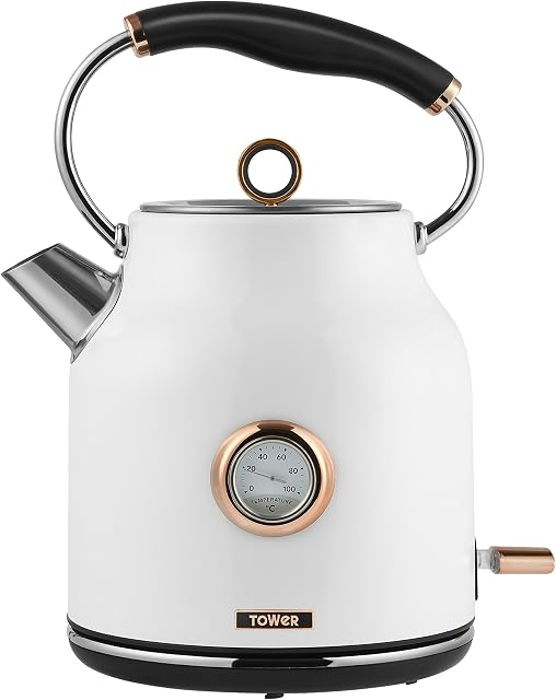 Tower Bottega T10020W Rapid Boil Traditional Kettle with Temperature Dial, Boil Dry Protection, Automatic Shut Off, Quiet Boil, Stainless Steel, 3000 W, 1.7 Litre, White and Rose Gold