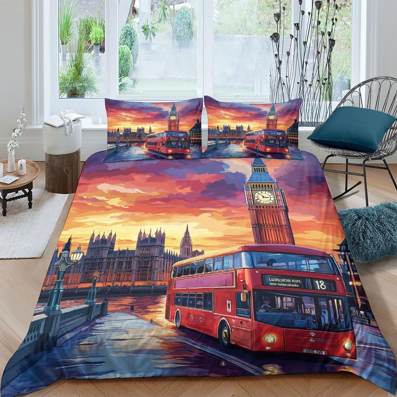 GPLZQXKJNH 3D Printed London Sunset Duvet Cover Microfiber Soft Red Bus Big Ben Bedding Set with 2 Pillowcases for Bedroom Single（135x200cm）