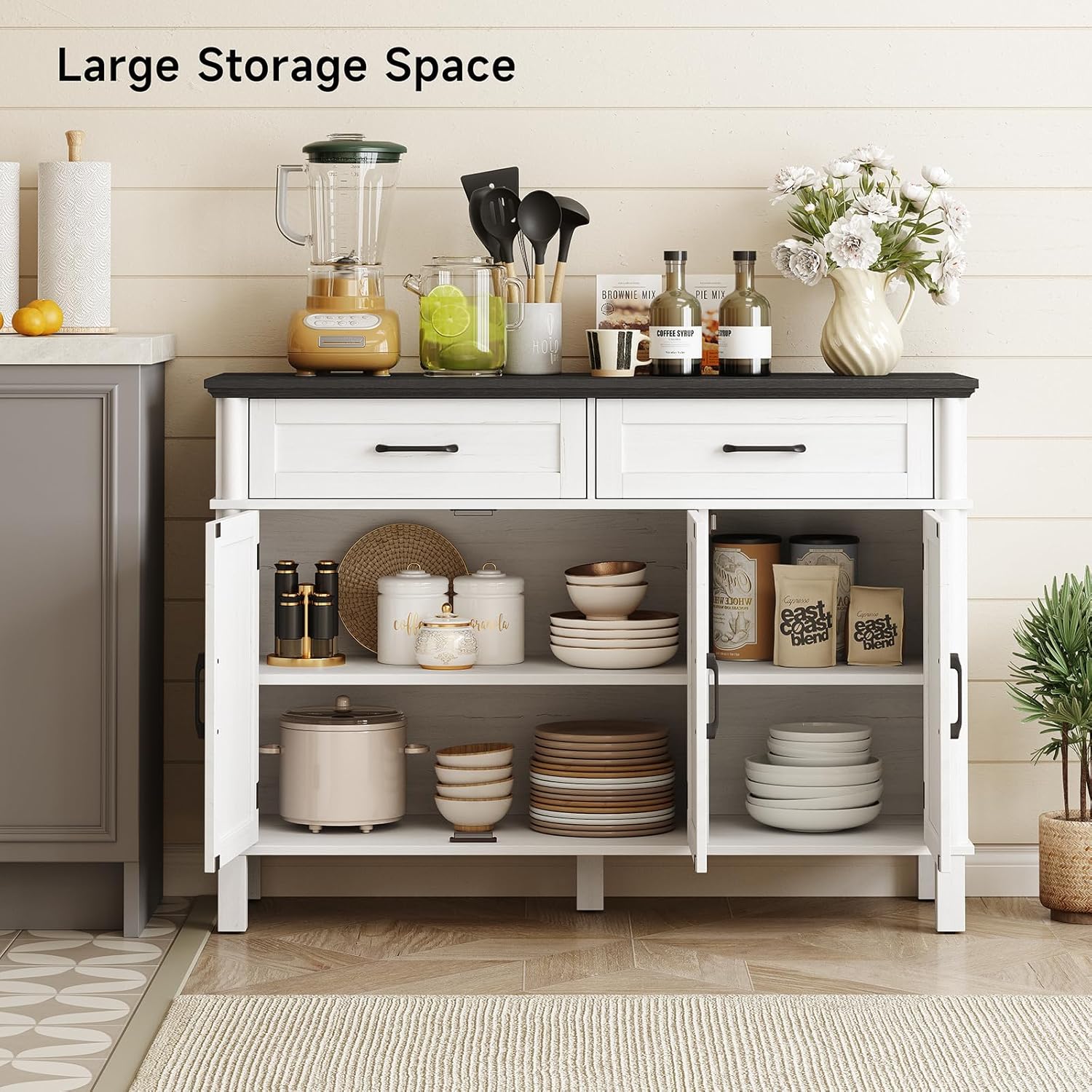 48 Inches Buffet Cabinet with Storage, Farmhouse Sideboard Buffet w/2 Drawers and 3 Doors, Wood Coffee Bar Cabinet with Adjustable Shelves, Sideboard Storage for Kitchen, Living Room, Off White&Black
