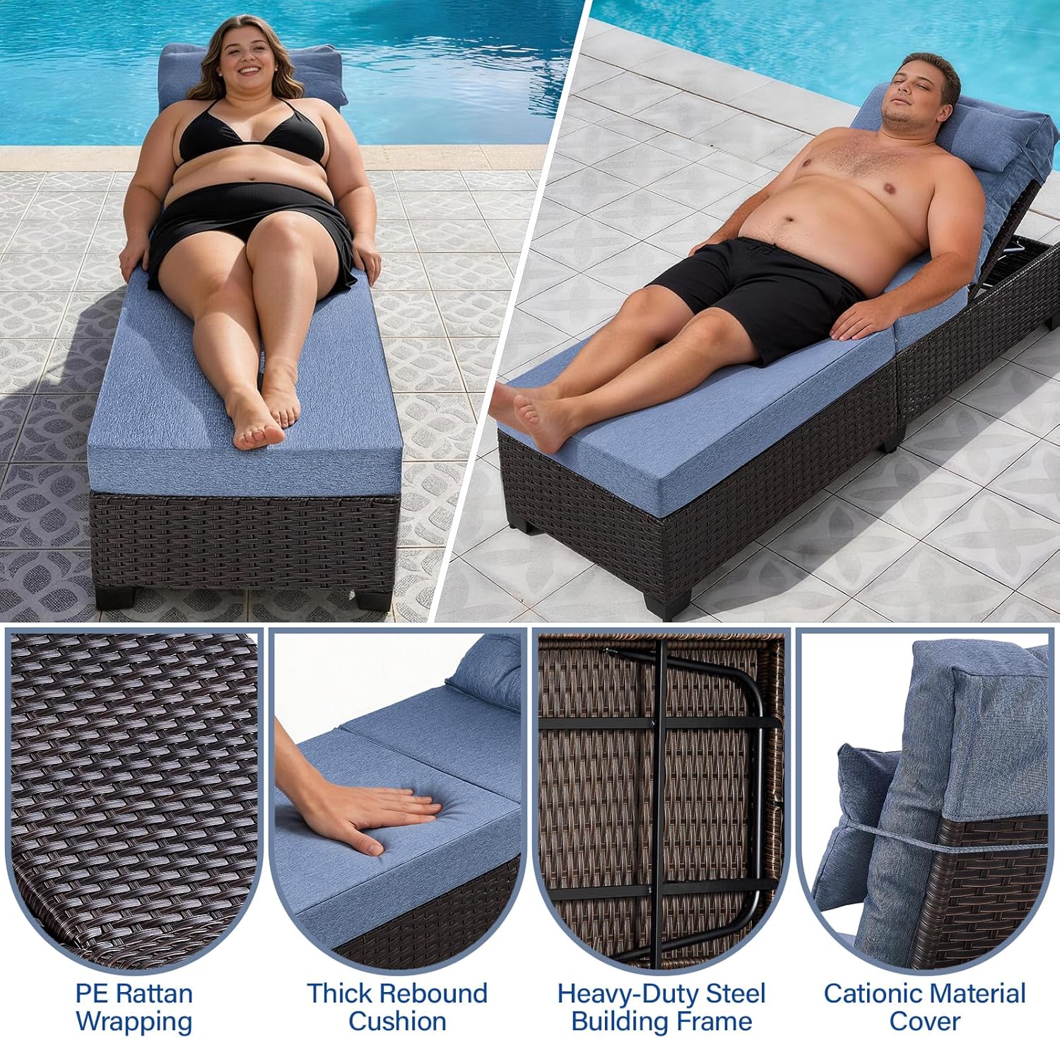 Outdoor Chaise Lounge Chair, Patio Rattan Adjustable Recliner with 5-Inch Thick Cushion, Heavy Duty Metal Lounger for Pool Beach Yard (Blue)