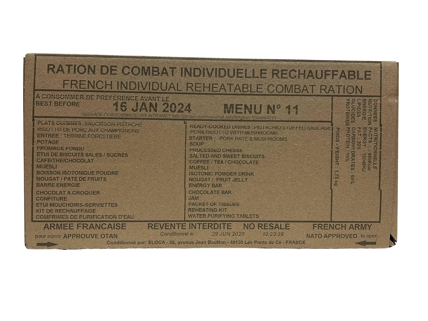 French Military Army 24 Hour Ration Pack MRE menu 11