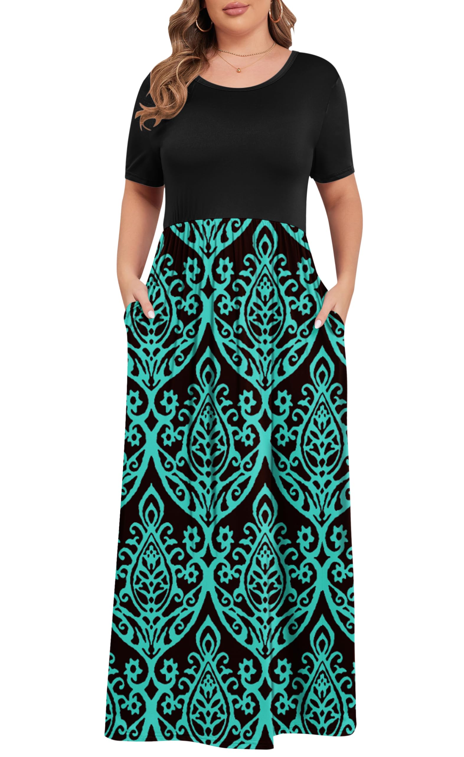 KARALIN Women Plus Size Maxi Dress Short Sleeve Round Neck Loose Fit A-Line