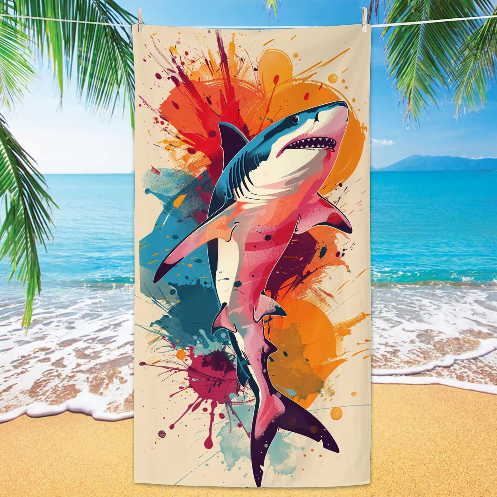 Toalla Playa XXL 100x220cm Crema，Toalla Microfibra 2 Pack Tiburón Secado Rápido y Antiarena，Absorbente，Ligera Fina y Compacta，Aplicable a Playa，Baño，Piscina，Gimnasio，Viajes，Sauna YJ-775