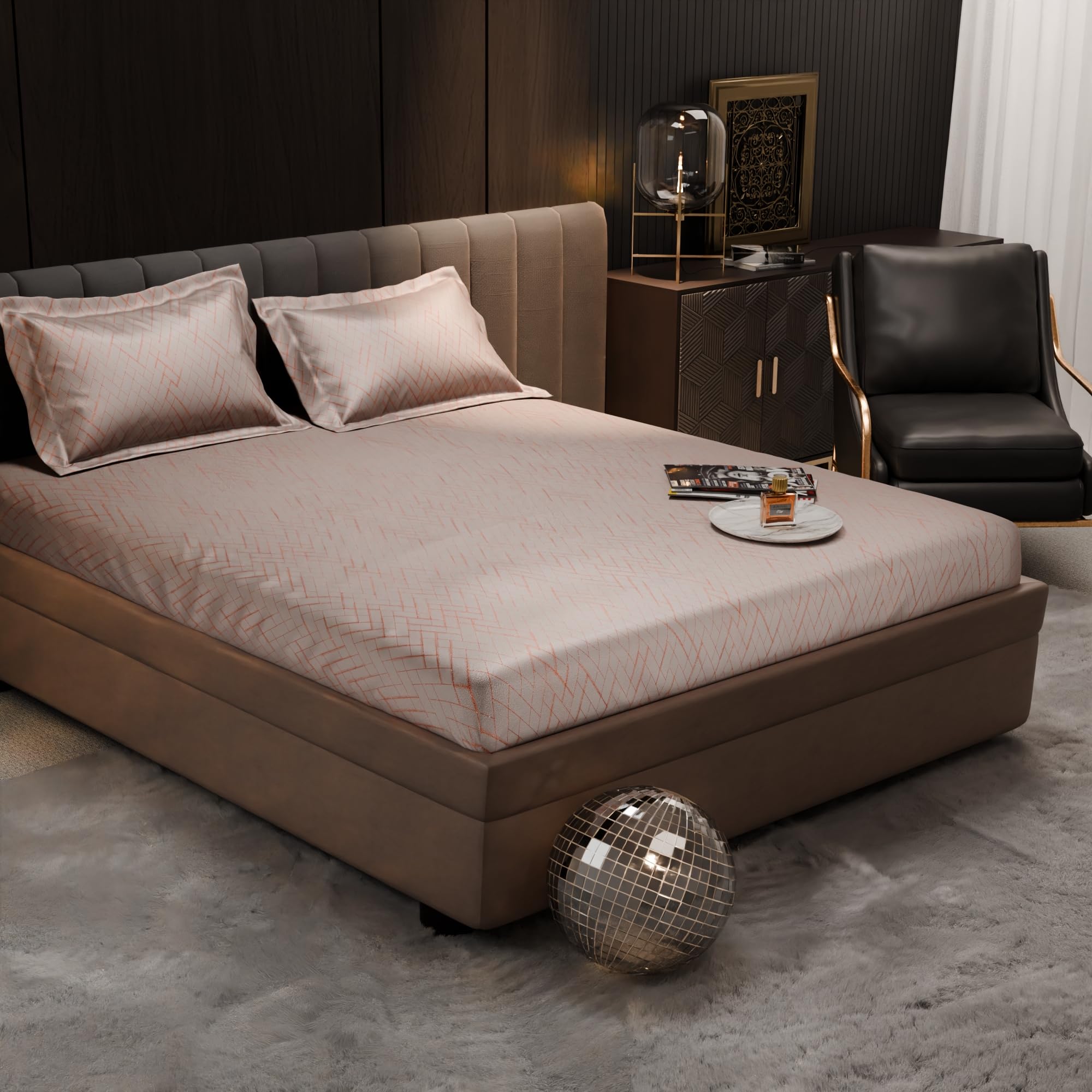 Stoa Paris 300TC UltraSatin Double Fitted Bedsheet Set with 2 Pillow Covers, Gentle on Skin & Hair, Wrinkle & Fade Resistant, Home Decor, Gift for Couple, Starlit Night – Champagne (152cmx198cm+30cm)