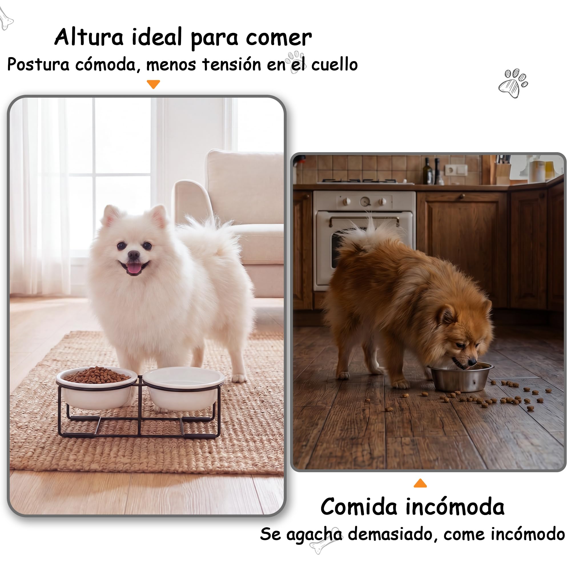 Comedero Perro Elevado de Cerámica - Juego de Cuenco Perro con Soporte de Metal Antideslizante - Comedero y Bebedero Perro - Platos para Perros - Bol Doble para Cachorros y Gatos - 2 x 375 ml - Blanca