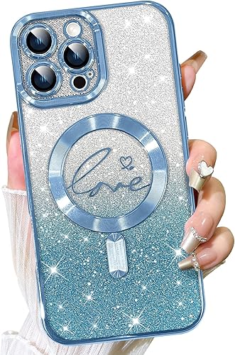 Vista 564 de Fiyart - Funda transparente magnética con purpurina para iPhone 12 para mujeres, con grabado "Love" metálico, protección para cámara y antigolpes