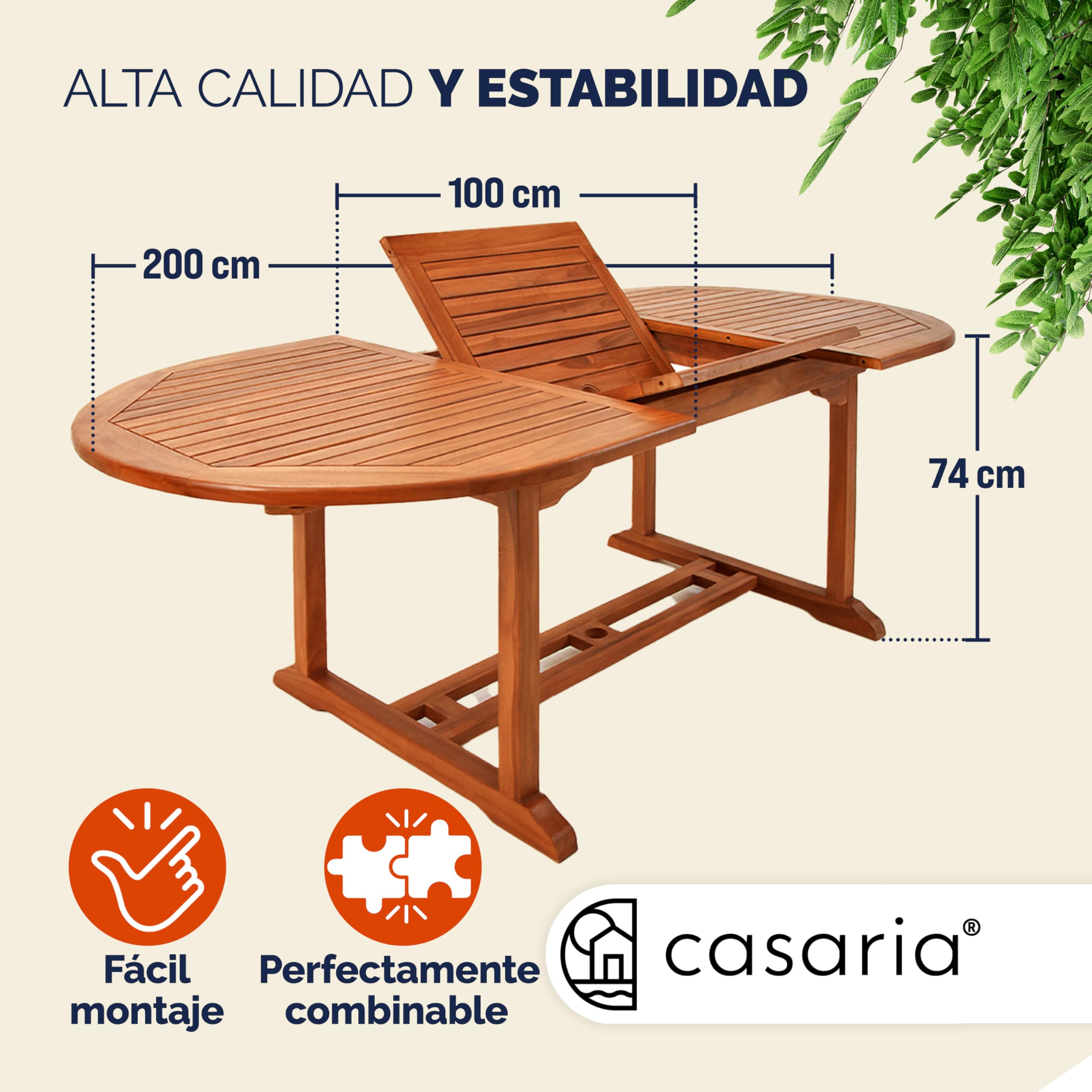 CASARIA® Mesa Comedor Extensible Plegable 200x100cm Madera Certificación FSC® con Orificio para Sombrilla Resistente Intemperie Estable Mueble Exterior Jardín Terraza